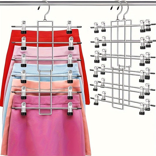 [6-Tier Metal Skirt Organizer] 6-Tier Metal Skirt Organizer with 360° Rotating Hooks | Space-Saving Clothes Storage for Pants and Skirts, Modern Polished Finish, Durable Metal Construction, Ideal for Wardrobe Organization, S