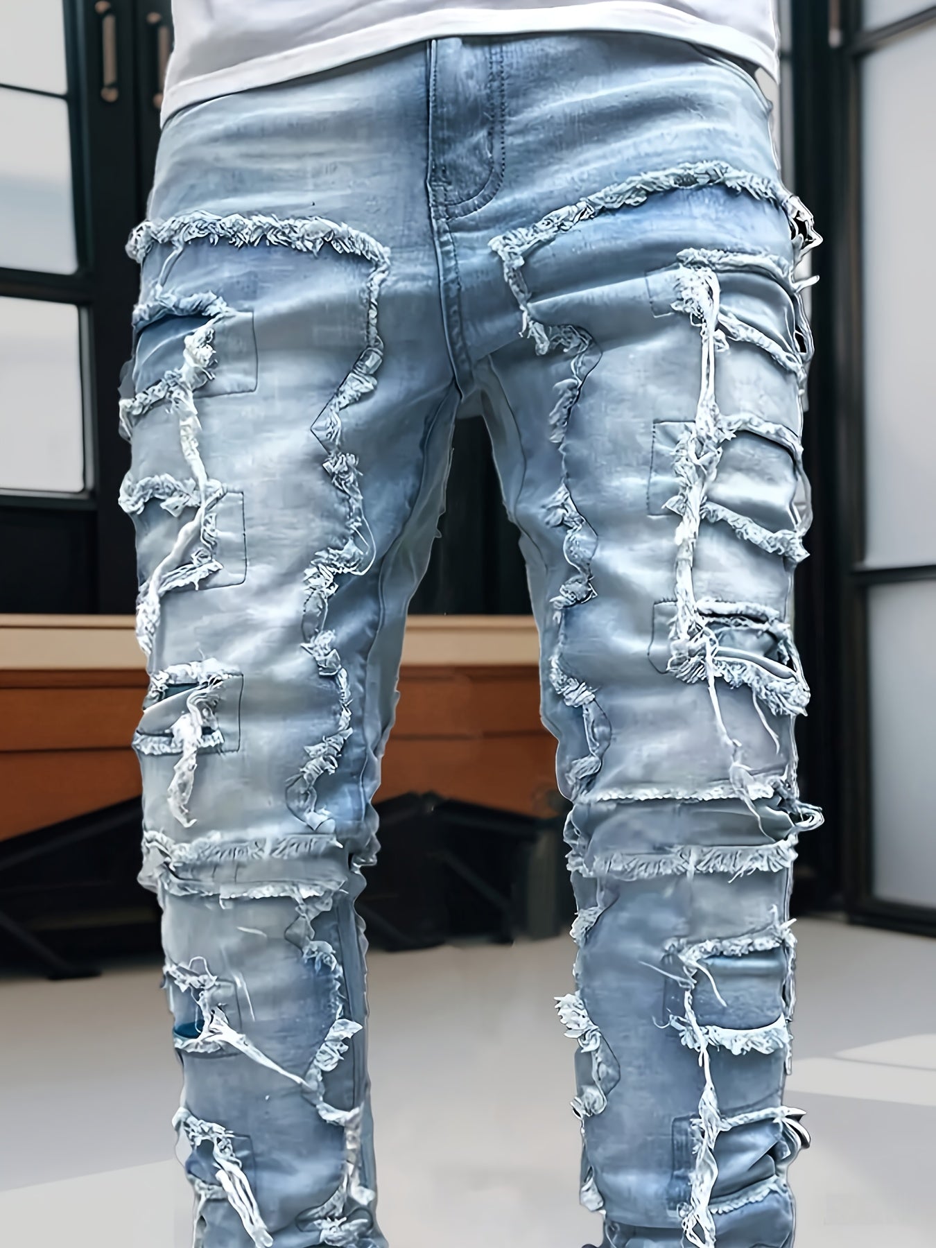 Men's Stretch Skinny Jeans - Slim-Fit Distressed Frayed Hem Pants, Mid-Rise Waist & Tapered Cuff, Non-See-Through All-Season Jeans for Everyday & Formal Outfits - Machine Washable Denim-Like Pants, Formal Outfit Jeans, Casual