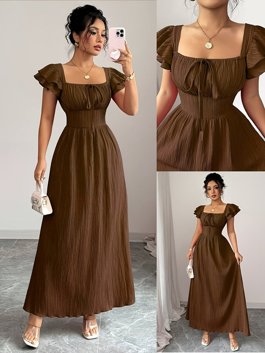2025 European and American Summer Fashion Pleated Square Neck Bow Front Waist Cinched Elegant Slim Dress