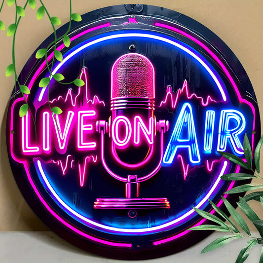 [Live on Air Neon Sign] 1pc 2D Live on Air Neon Sign - Vintage Aluminum Round Plaque, 8x8 inches Retro Multi-Purpose Decor for Home, Garage, Porch, Cafe, Club - Ideal Gift for All Occasions