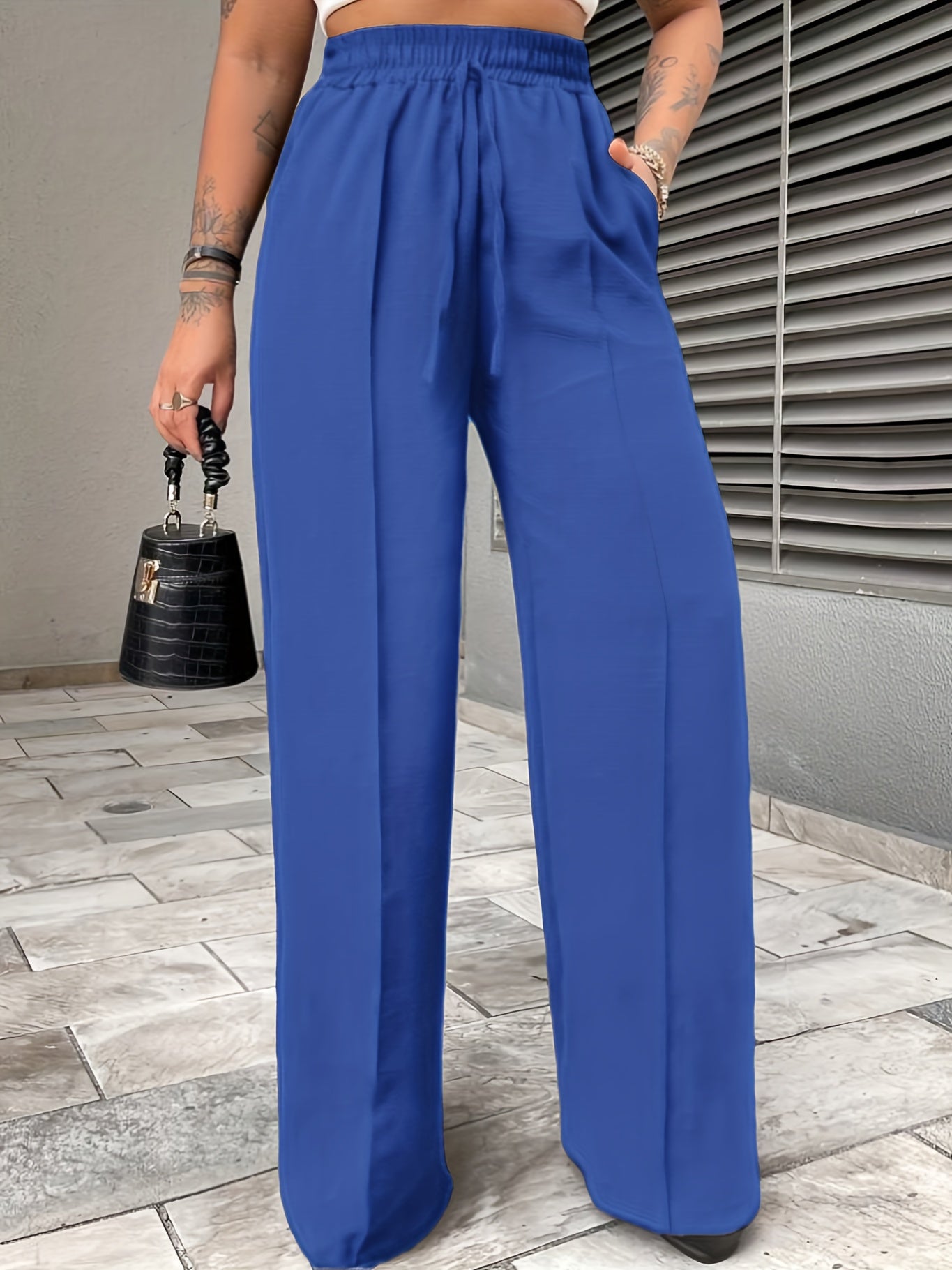 Elegant Middle-Eastern Polyester Straight Leg Pants 95% Polyester 5% Elastane Solid Color with Faux Drawstring Detail Spring/Fall Collection for Women - Woven Fabric, Comfort Fit Lounge Trousers with Pockets