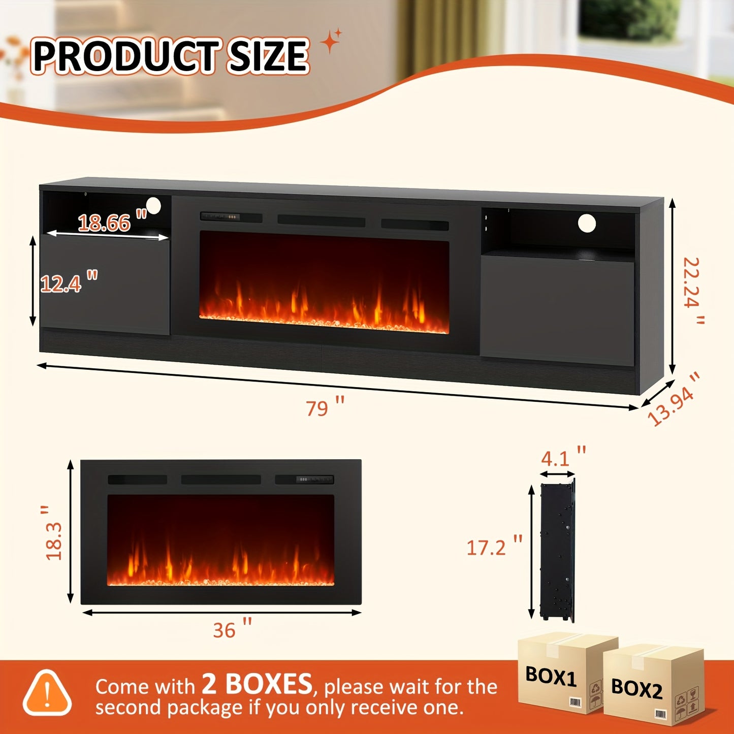 Modern Electric Fireplace TV Stand Entertainment Center with 36.3" Wall-Mounted Fireplace, 12-Color LED Lights, High-Gloss Storage Cabinet & Hardwood Construction - Fits TVs Up to 80", Energy-Efficient, Adjustable Timer