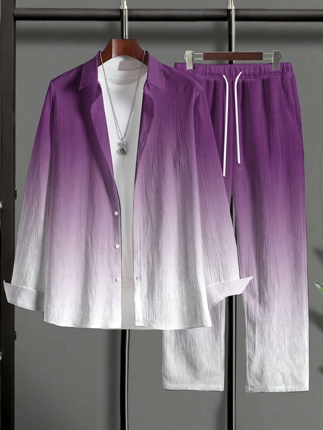 [Plus Size Suit Set] Men's Plus Size Suit - Stretch Long Sleeve Button-Up Shirt & Pants Set | Retro Geometric Check Pattern, V-Neck Lapel Design, Loose Fit for Casual & Formal Wear, Plus Size Blazers