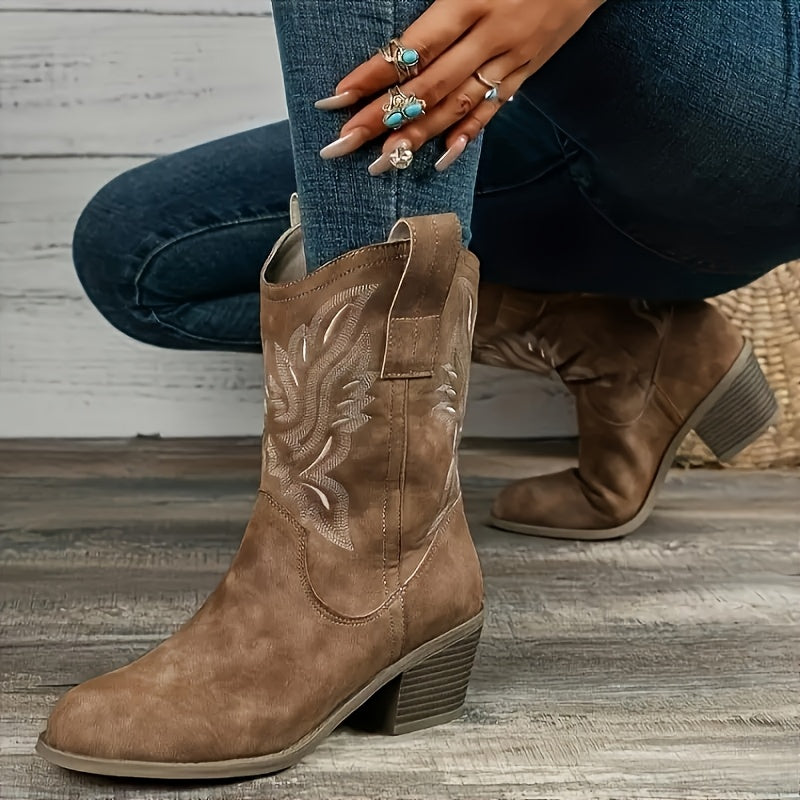 MagiMoBo Women's Western Slip-On Mid-Calf Boots - Pointed Toe Chunky Heel with Floral Embroidery, Synthetic Cover & Rubber Sole, All-Season Casual Boots for Jeans & Dresses, Stylish Footwear, Embellished Footwear, Detailed Em
