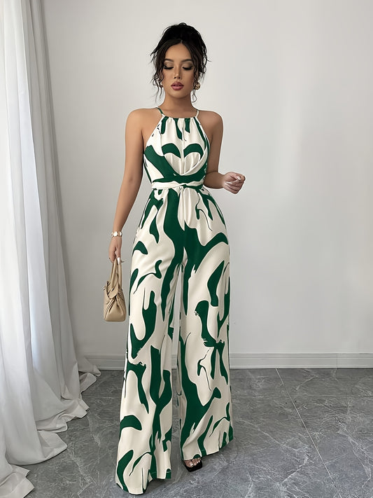 Green Women's Geometric Print Sleeveless Jumpsuit with Tie Waist and Wide Legs in White - Perfect for Night Outs, Parties, and Casual Attire, Casual Attire|Modern Casualwear|Strapless Jumpsuit