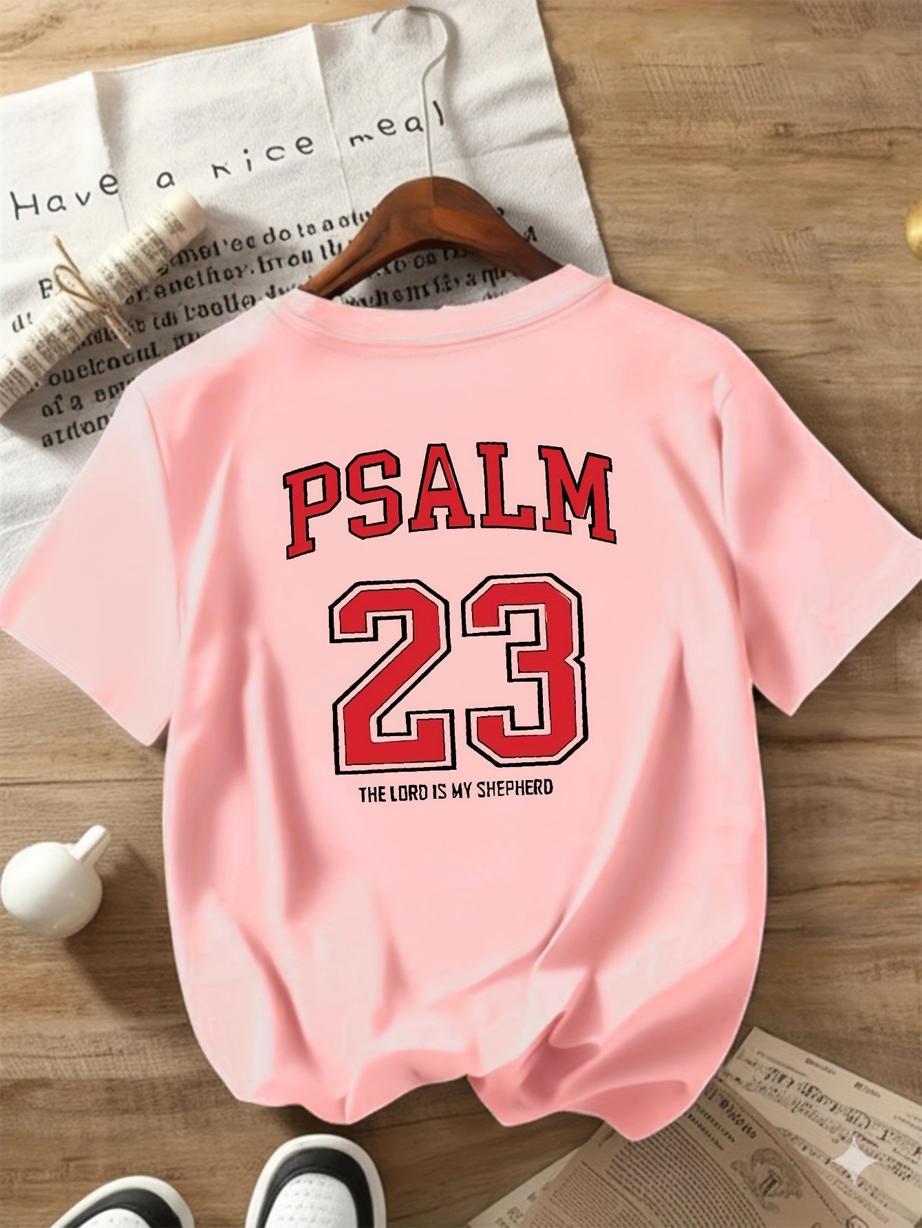 Black with Red Lettering Psalm 23:5 Print Women's Casual T-Shirt - Comfortable Crew Neck, Short Sleeve, Classic Summer Top for Casual Attire, Faith Inspired Apparel | Durable Casual wear, Ladies T Shirts