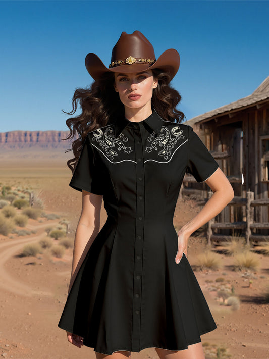Plus Size - Women'S Western Cowgirl Outfit - Black Shirt Dress with Lapel Collar, Non-Stretch Fabric for Western Events, Beach Vacations & Casual Outings - Lightweight Summer Dress for Women, Cowgirl Dress, Vacation Attire, D