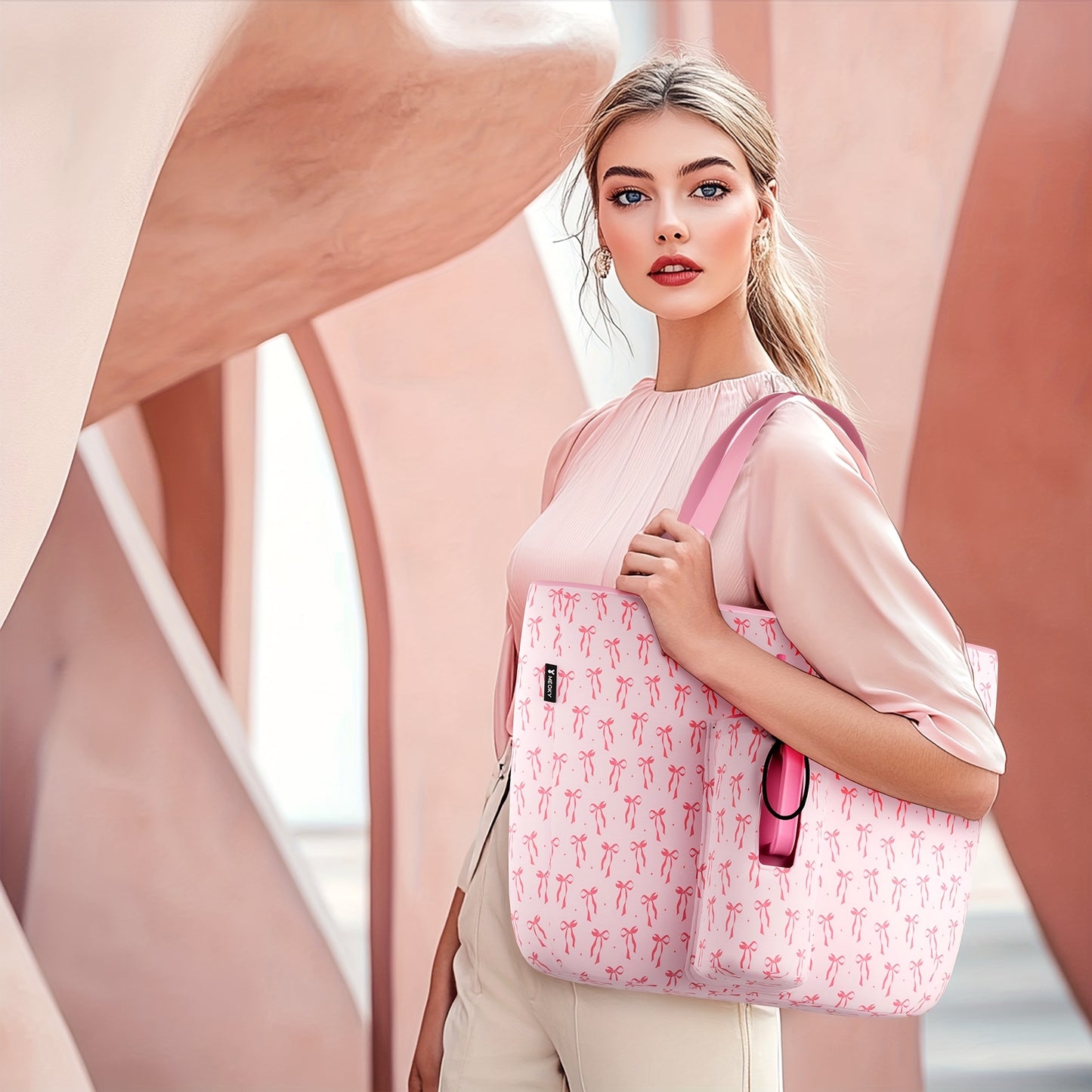 [Pink Nylon Tote] MEOKY Large Pink Nylon Tote Bag | 3.96gal High Quality with Zippered Compartment & Wrist Strap - Water Bottle Carrier Bag, Work Carryall Purse, Fashionable Luggage Accessory, Sturdy Handles for Travel, Work,