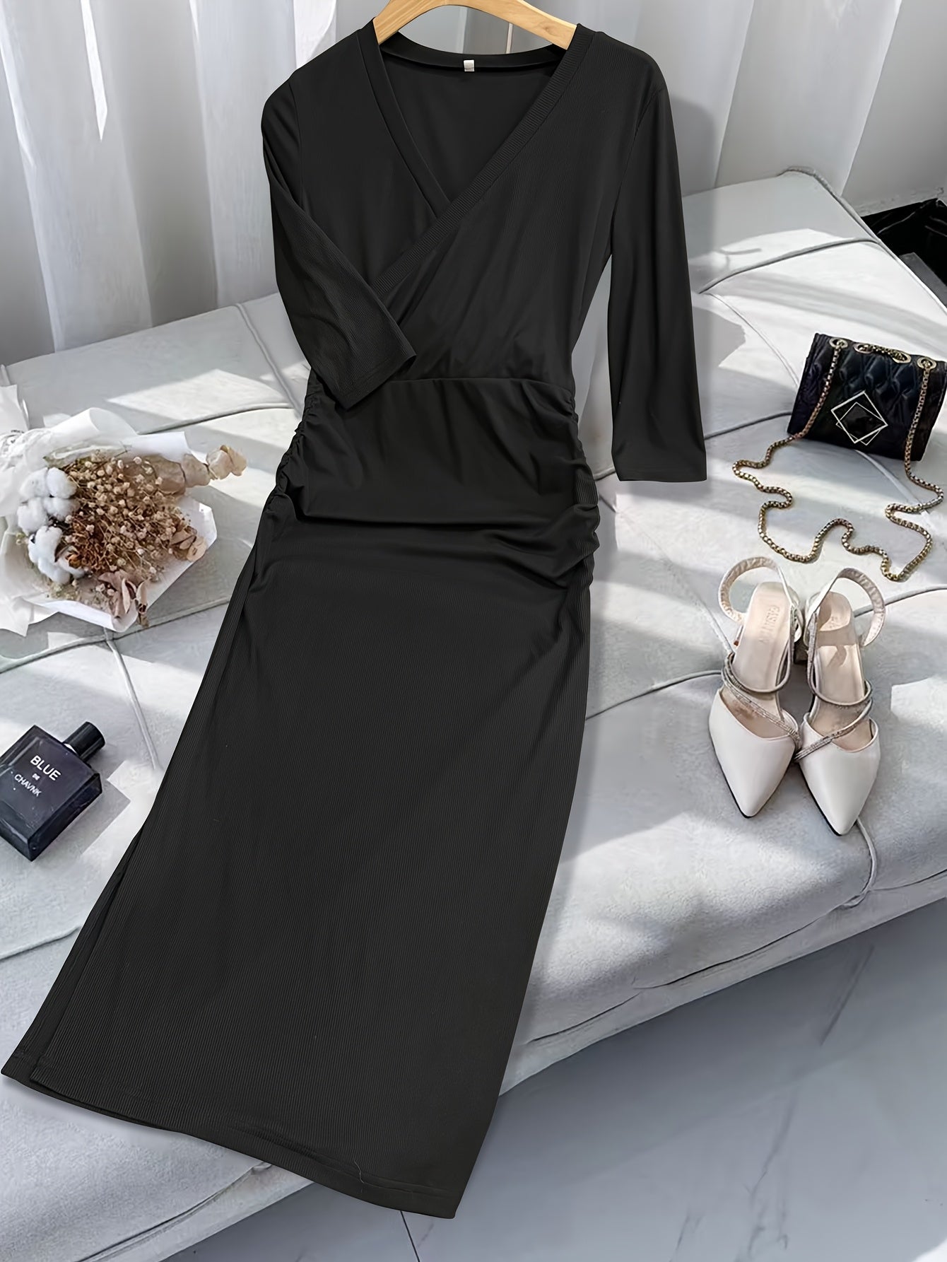 Women'S Sexy V-Neck Ribbed Dress with Asymmetrical Side Pleats and 3/4 Sleeves - Slim Fit, Long Sleeve, Solid Color, Perfect for Fall, Casual Attire|Asymmetrical Hemline| Construction