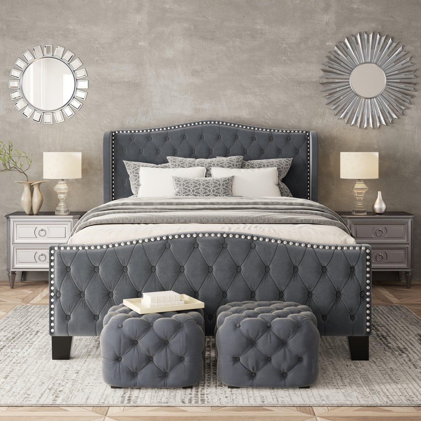 Queen Size Platform Bed Frame with 51-inch Tall Camelback Headboard & Wingback, Gorgeous Studded Trim, Mattress Foundation, No Box Spring Needed, Cream