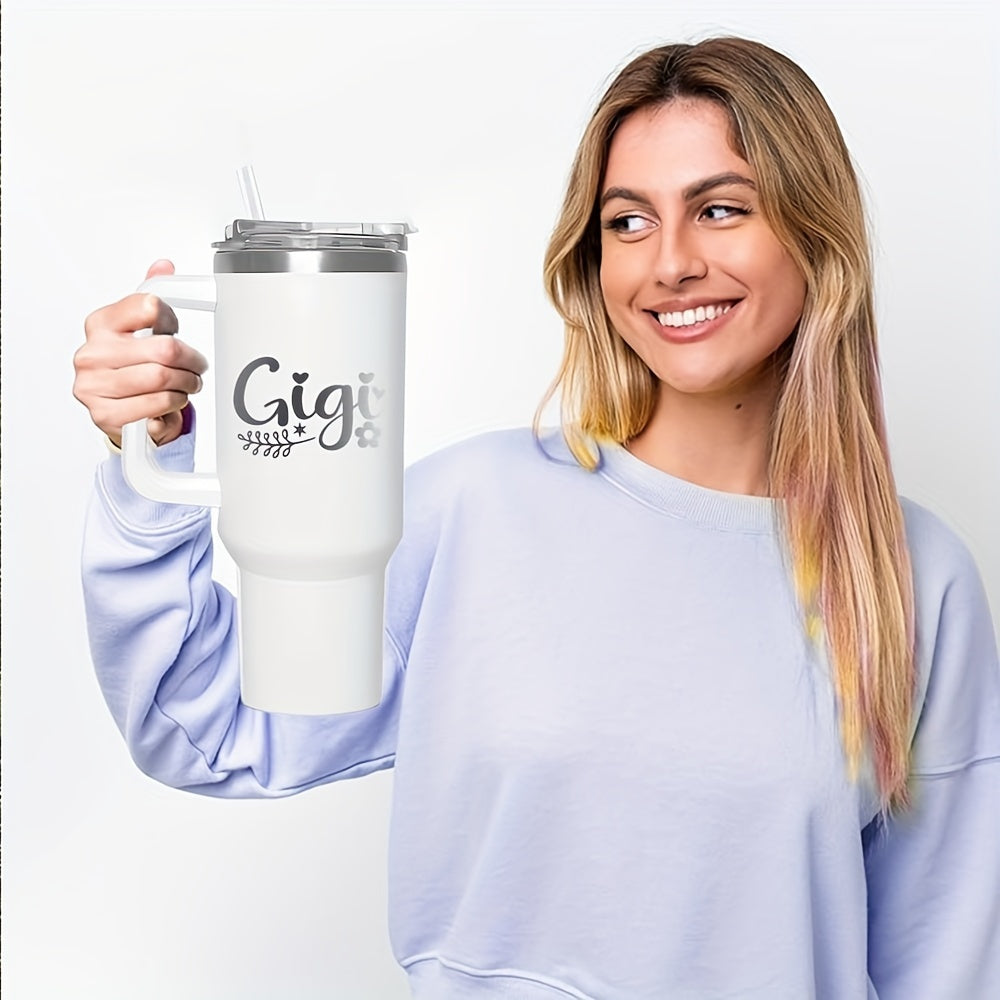 40oz GIGI Stainless Steel Travel Mug with Handle and Straw, Insulated Vacuum Tumbler, Reusable Hot and Cold Beverage Cup, Ideal for Grandkids, Parties, Halloween, Thanksgiving, Christmas, Birthdays - Black, White, Pink