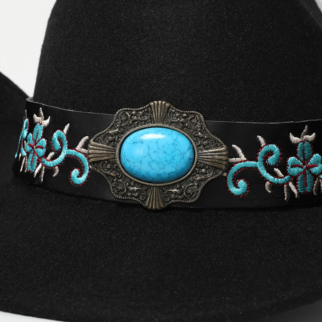 Lady's Elegant Felt Cowboy Hat with Turquoise Stone and Embroidered Belt - Perfect for Dance Parties, Graduations, and Festive Occasions