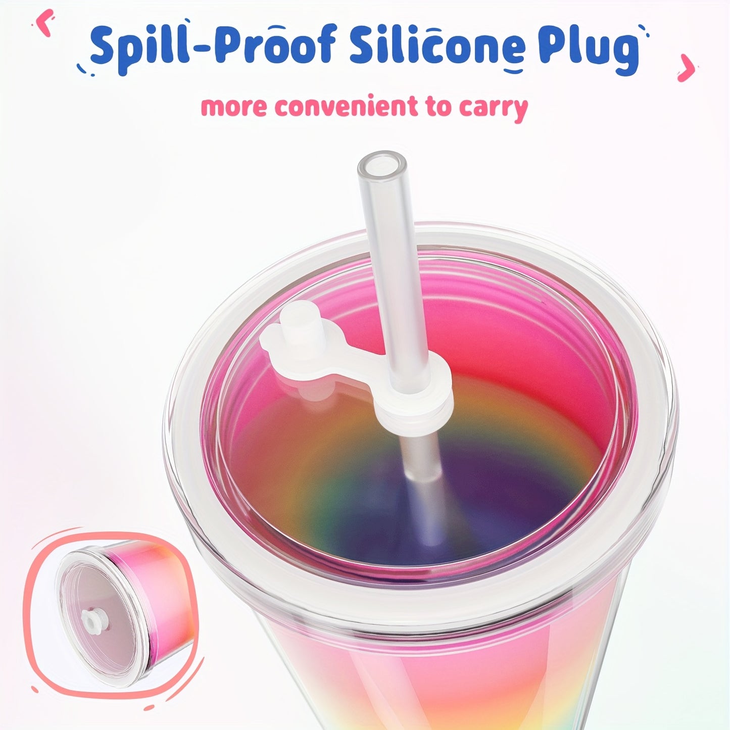 Meoky 24oz Double Wall Rainbow Color Changing Cup with Lid & Straw - BPA-Free, Lightweight, Reusable Plastic Tumbler for Iced Coffee, Parties, Pool Days - Add Cold Liquid Below 67°F to Reveal Magical Rainbow Colors