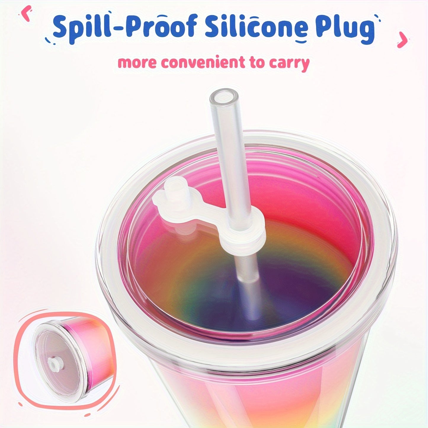 Meoky 24oz Double Wall Rainbow Color Changing Cup with Lid & Straw - BPA-Free, Lightweight, Reusable Plastic Tumbler for Iced Coffee, Parties, Pool Days - Add Cold Liquid Below 67°F to Reveal Magical Rainbow Colors