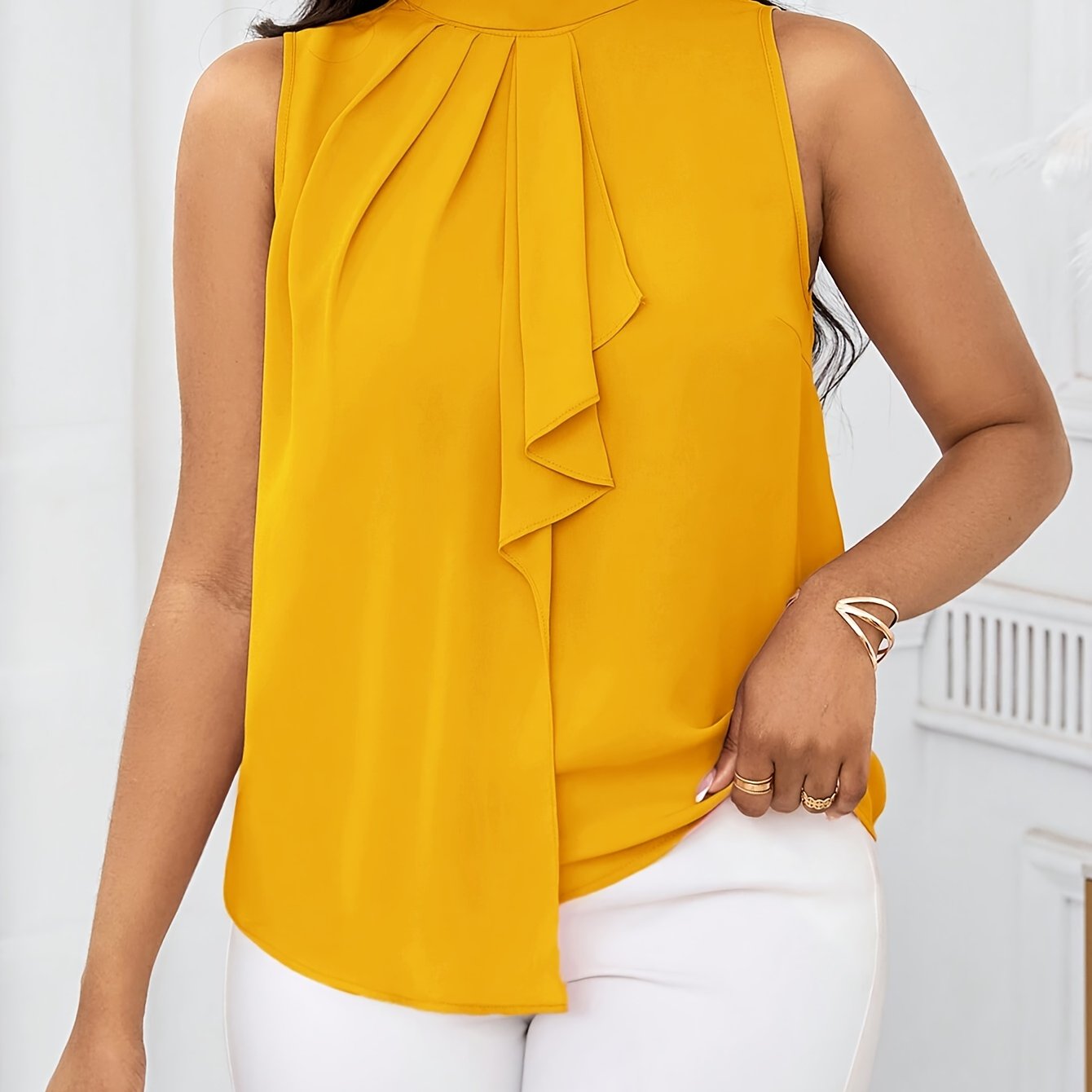 100% Polyester Solid Color High Neck Sleeveless Top - Lace-Up Detail, Woven Fabric, 120g/m², Regular Length, All-Season Wear