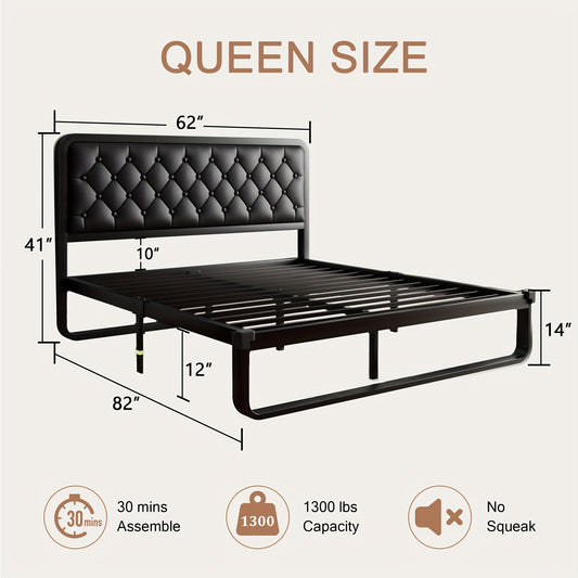 12" Heavy Duty Storage Platform Metal Bed Frame - Luxurious Button Tufted Upholstered Headboard, No Box Spring Needed, Sturdy Construction, Ample Storage Space, Easy Assembly