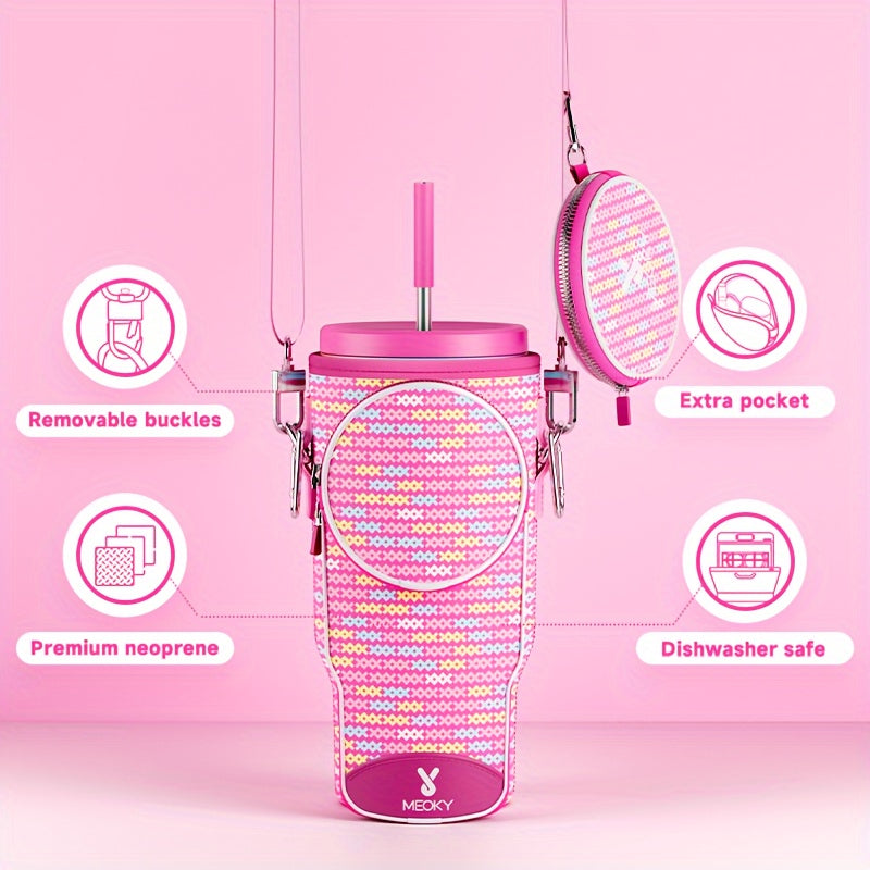 Meoky 1pc Water Bottle Carrier Bag With Phone Pocket For 40 Oz Tumbler With Handle, Neoprene Water Bottle Holder Pouch With Adjustable Strap, 2 Carabiner Clips