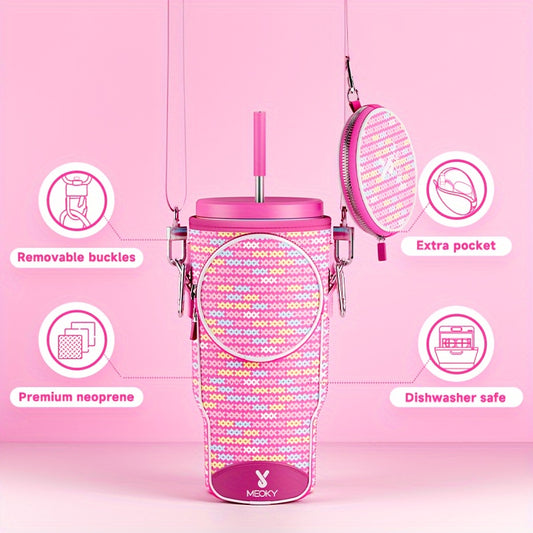 Meoky 1pc Water Bottle Carrier Bag With Phone Pocket For 40 Oz Tumbler With Handle, Neoprene Water Bottle Holder Pouch With Adjustable Strap, 2 Carabiner Clips