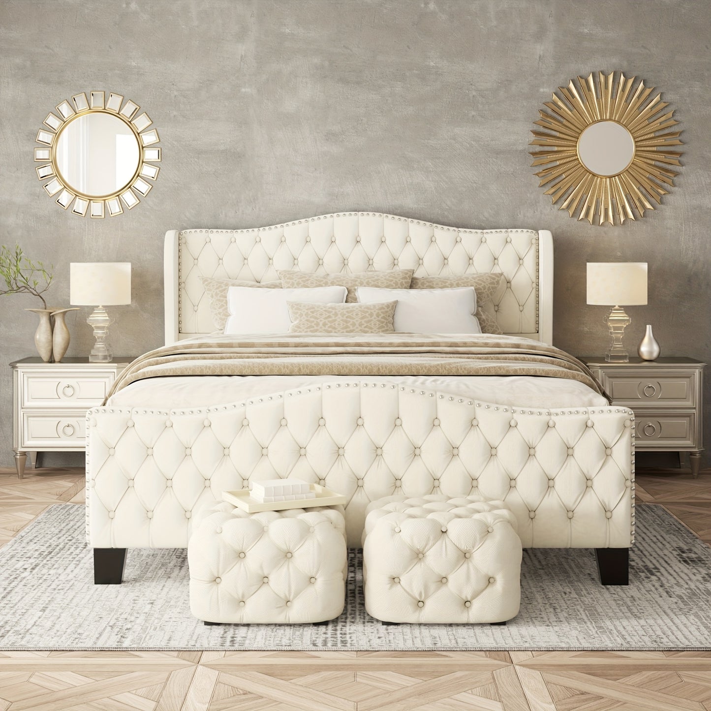 Queen Size Platform Bed Frame with 51-inch Tall Camelback Headboard & Wingback, Gorgeous Studded Trim, Mattress Foundation, No Box Spring Needed, Cream