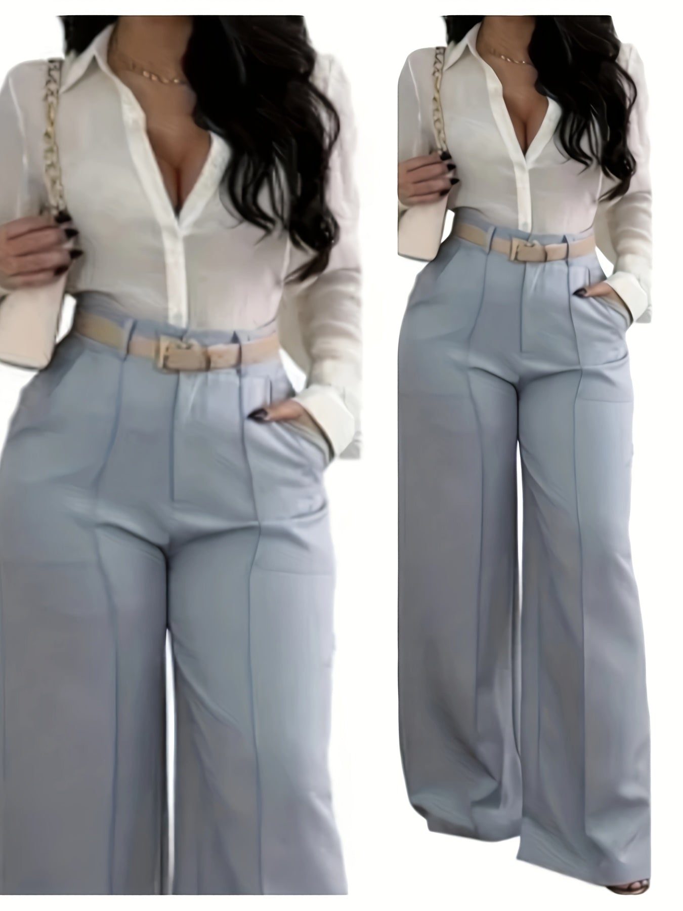 Women'S Elegant Light Blue Straight Leg Pants - All-Season, Solid Color, Pocketed, No Belt Needed, Stylish Workwear, Professional Attire|Straight Leg Pants|Pocketed Pants