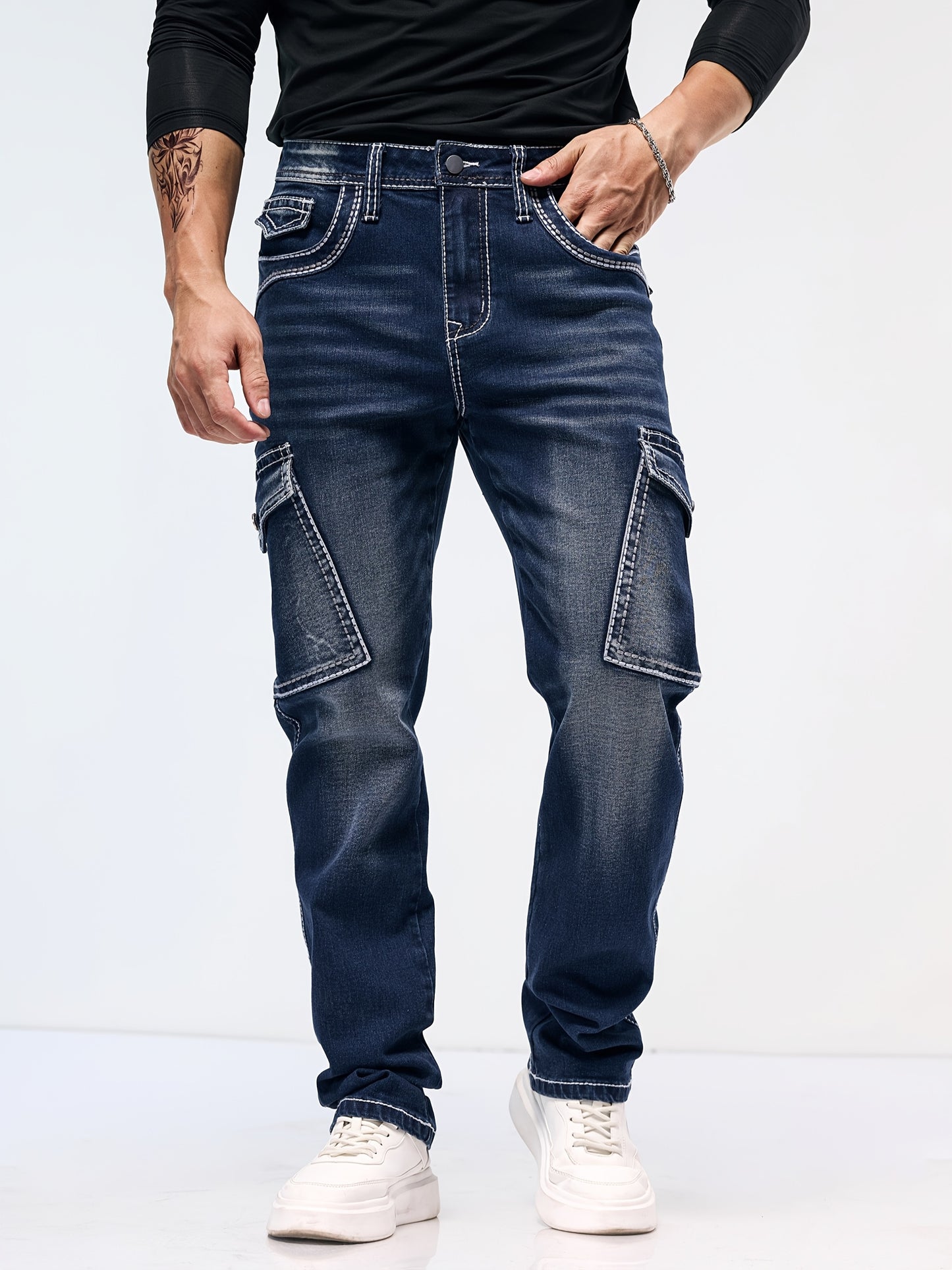 Men's Vintage Embroidered Stretch Denim Jeans with Multiple Pockets - Cotton Blend, Machine Washable
