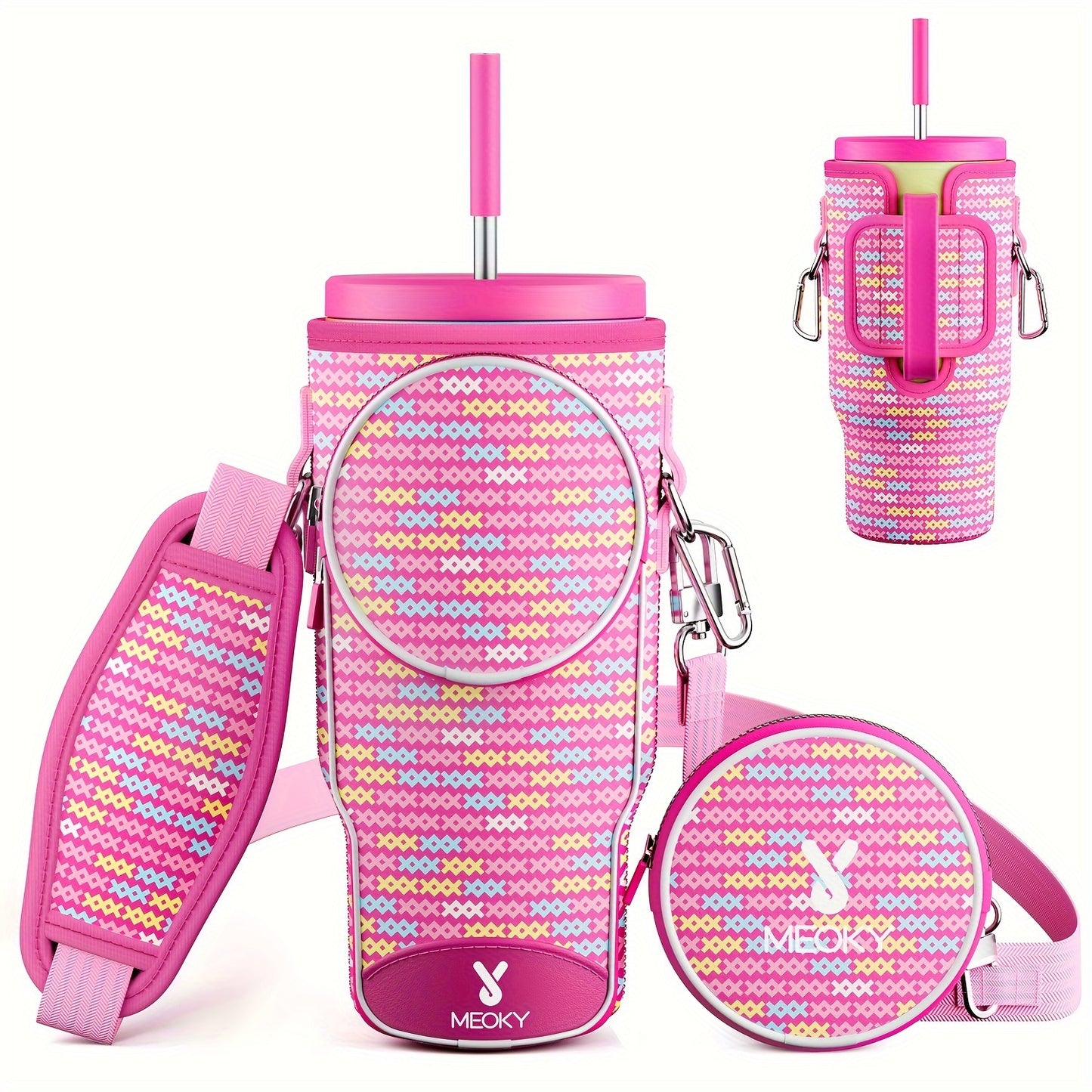 Meoky 1pc Water Bottle Carrier Bag With Phone Pocket For 40 Oz Tumbler With Handle, Neoprene Water Bottle Holder Pouch With Adjustable Strap, 2 Carabiner Clips
