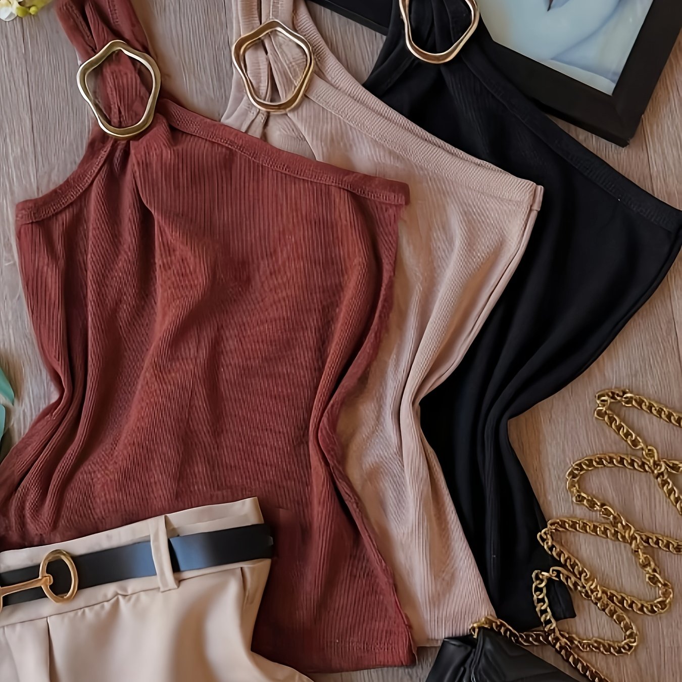Summer Sexy Slim-Fit Design Metal Buckle Pullover Vest Three-Piece Set