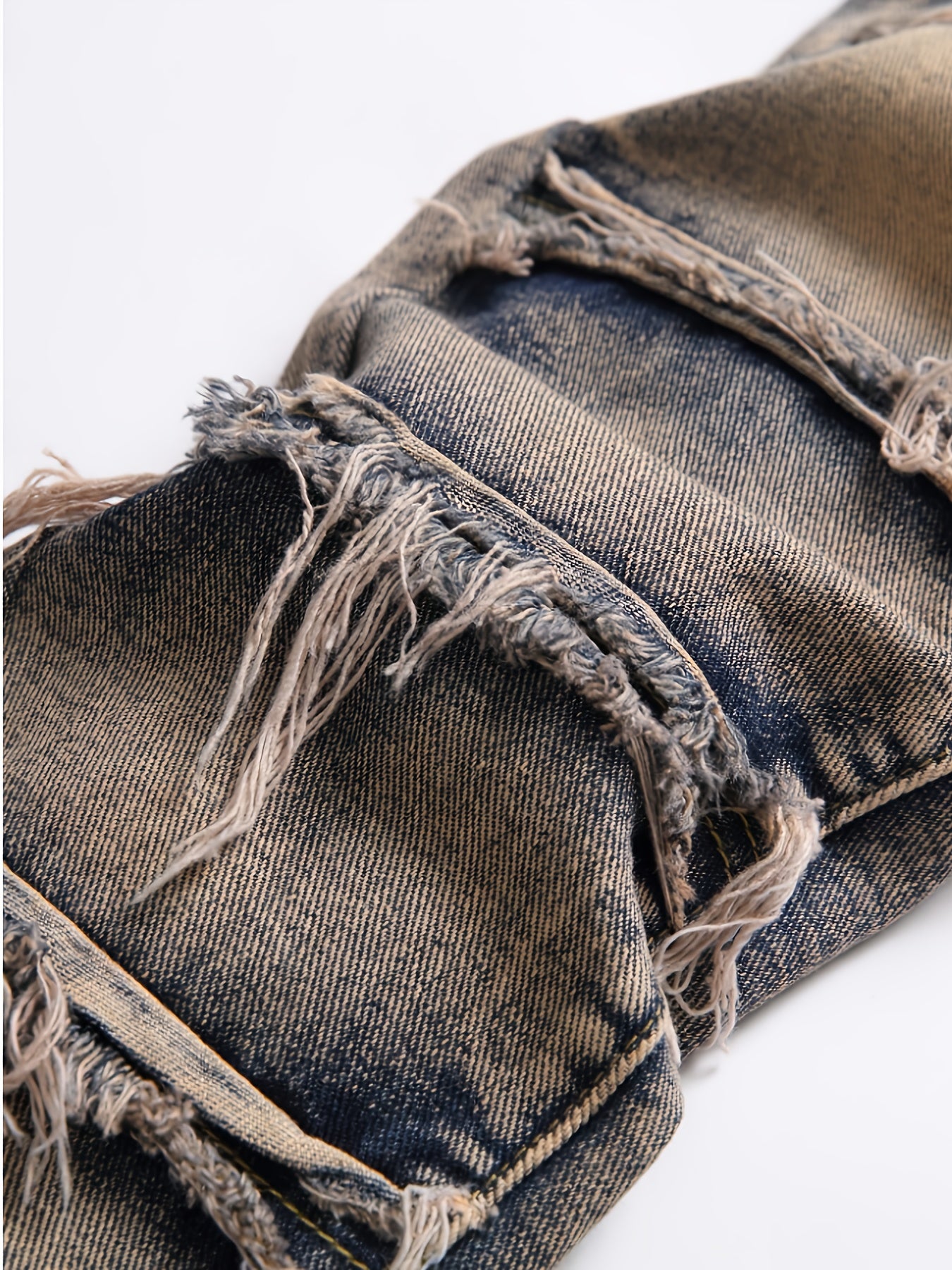 HME Men's Heavy Washed Vintage Blue Jeans - 3D Fringe Hem & Tassel Details, Mid-Rise Stretch Slim-Fit Straight Leg with Inner Lining, All-Season Streetwear Denim Pants (Machine Washable)