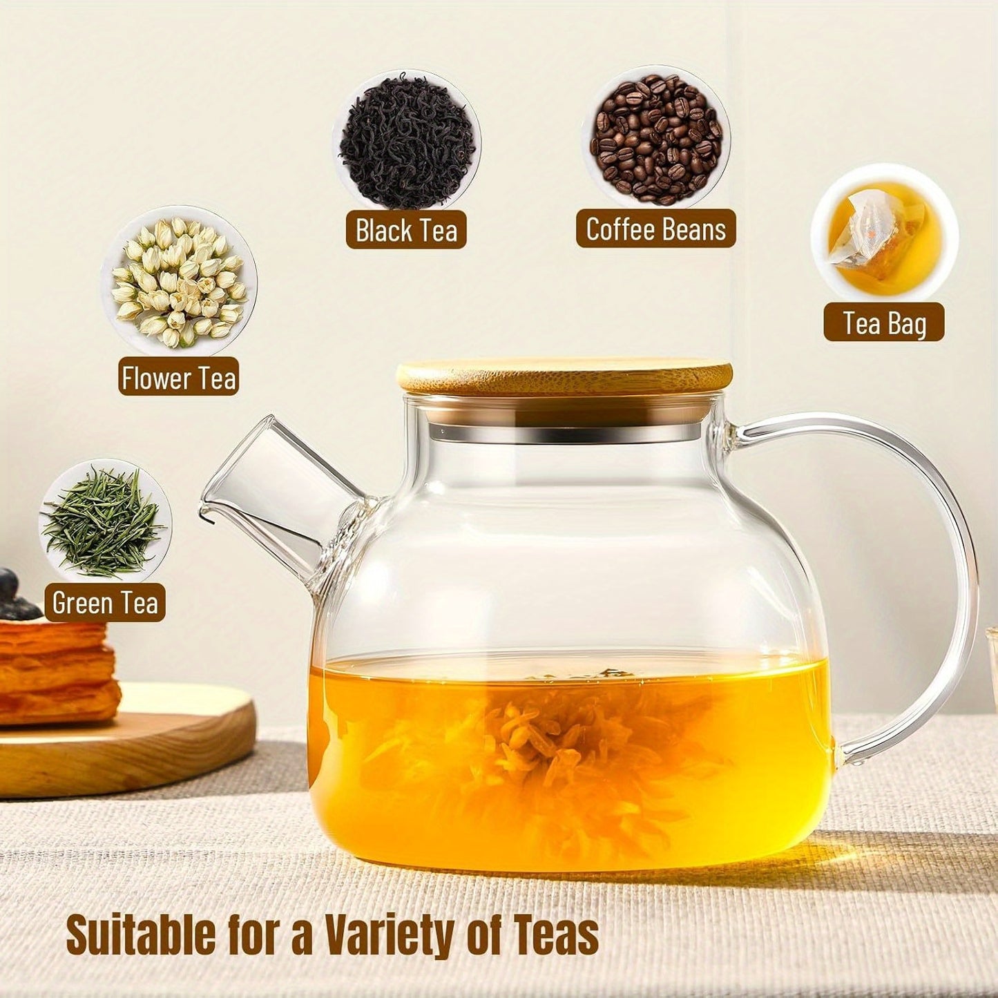 1000/1800ml Glass Water Kettle, Suitable for Stove, with Removable Strainer Mouth, Equipped with Spout, Lid and Handle, Suitable for Brewing Loose Leaf and Herbal Tea, Can Hold Juice, Milk, Beverages, Transparent Hot and Cold