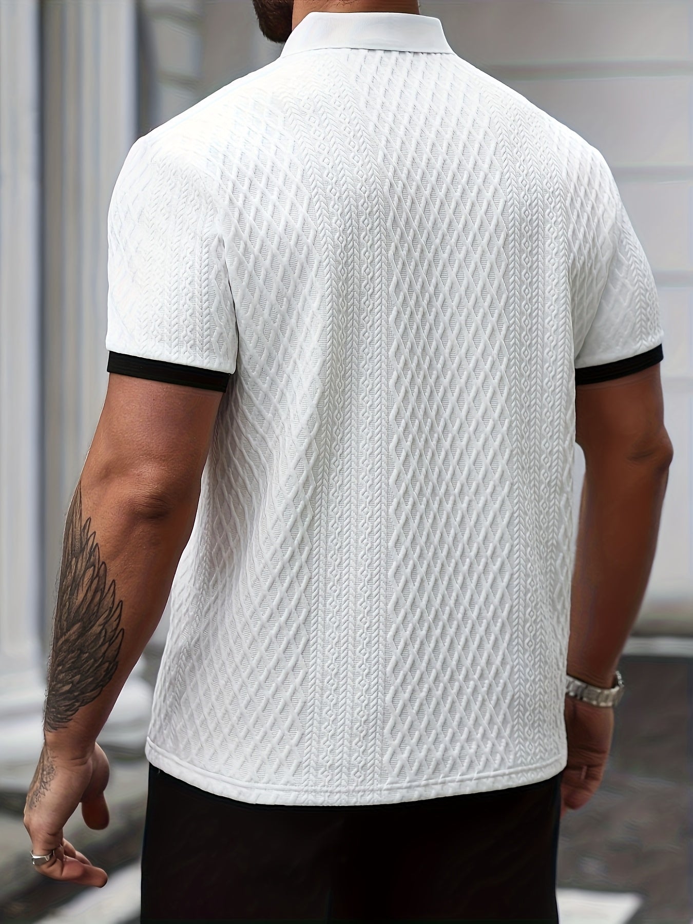 Men'S Stylish Two-Tone Polo Shirt - Soft, Breathable Fabric with Jacquard Design, Short Sleeve, Button-Up Collar - Perfect for Business, Outdoor, and Casual Wear