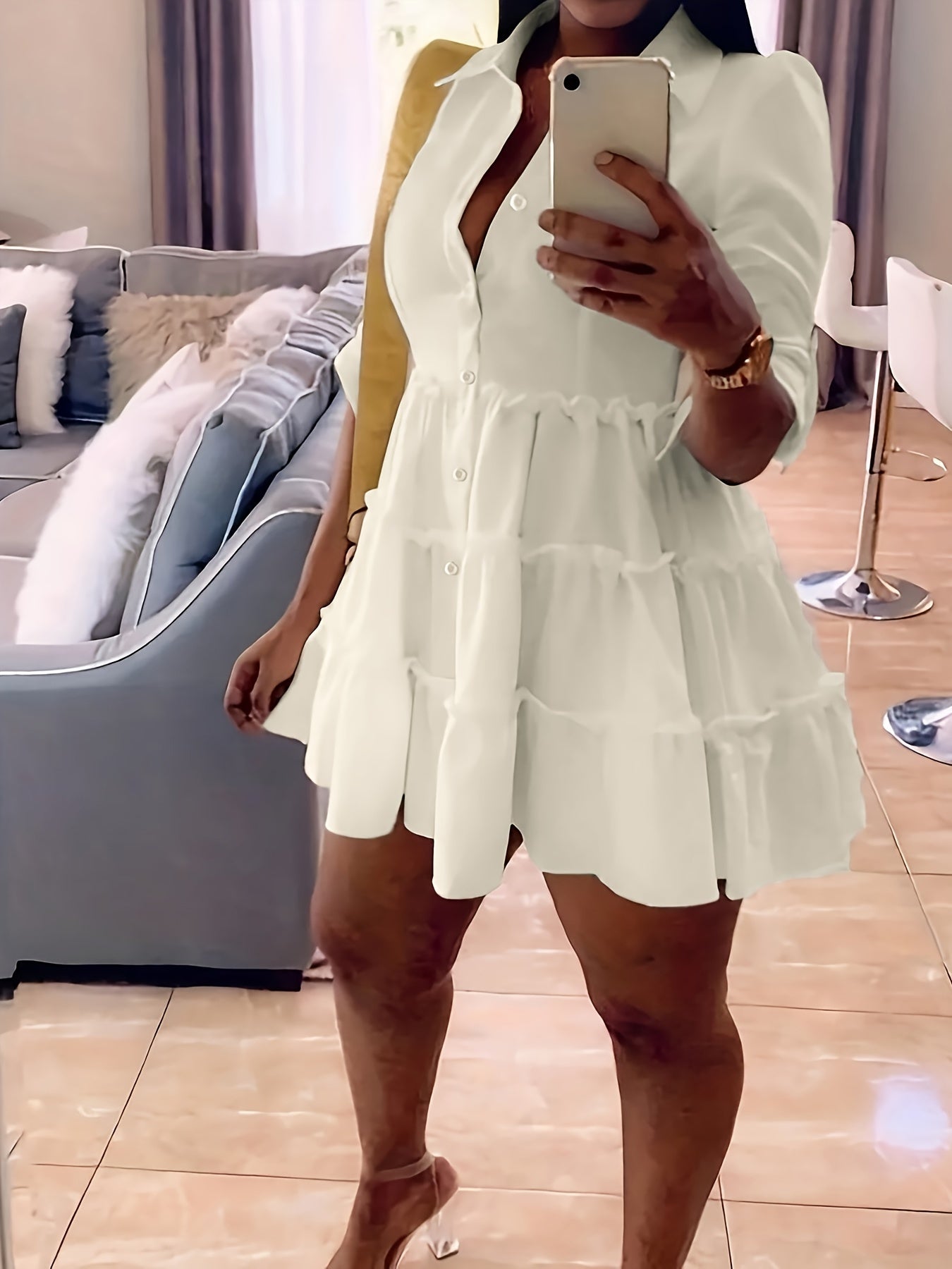 Single Elegant Half Sleeve Ruffle Trim Solid Color Shirt Dress for Spring & Summer, Women's Clothing