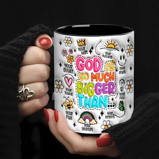 11oz Inspirational Ceramic Coffee Mug with "God Is Much Bigger Than" Message - Floral & Rainbow Design, Uplifting Christian Gift for Birthdays, Valentine's Day, Office Use - Durable C-Handle for Hot Beverages, Coffee Bar Acce