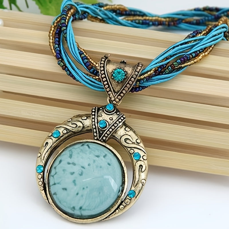 1pc Elegant Bohemian Necklace - Green Marble-like Stone Pendant with Golden-Tone Alloy Chain, All-Season Jewelry for Women, Parties, Holidays, Everyday & Formal Events - Year-round Elegant Necklace Gift, Holiday Accessory, Cl