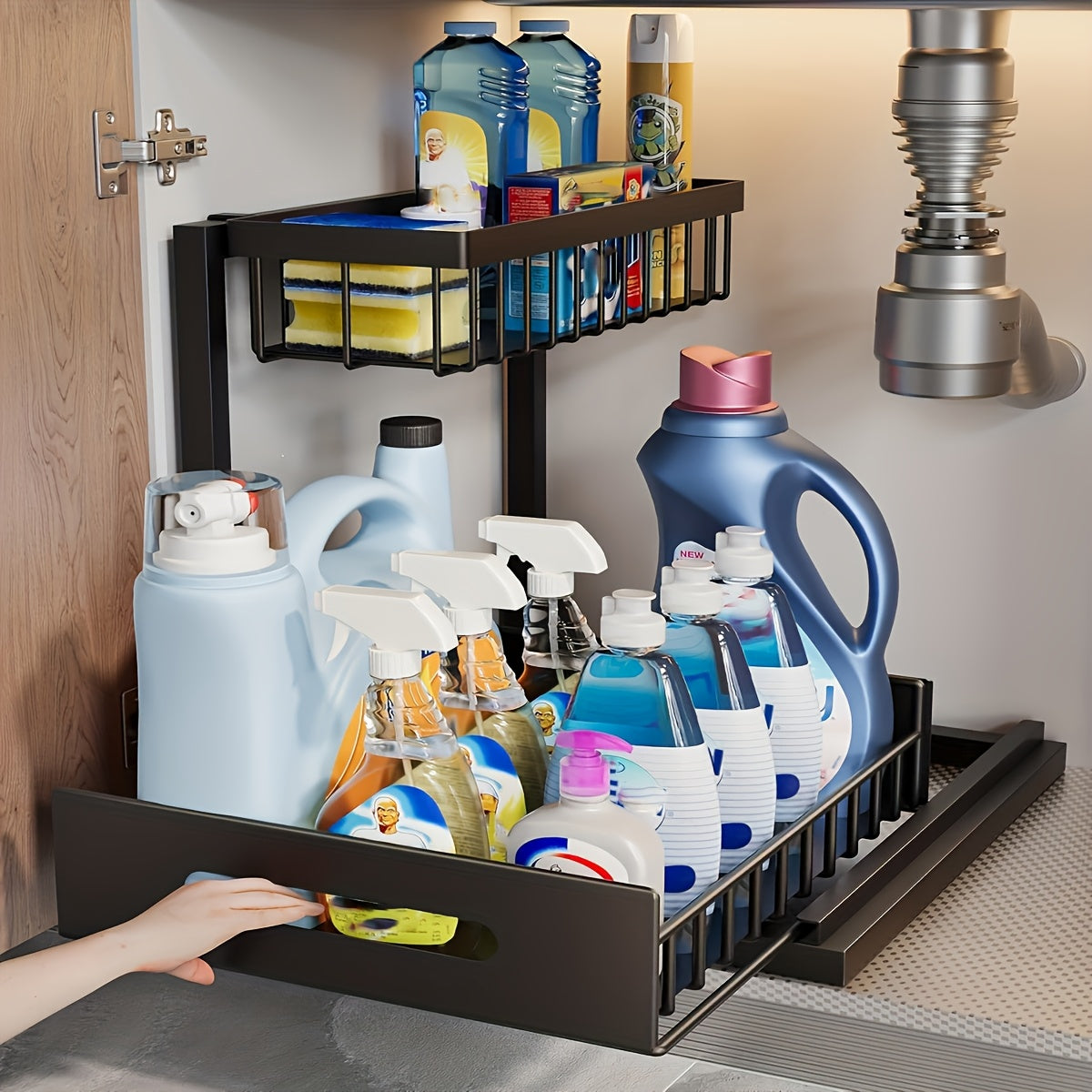 2 Tier Under Sink Organizers And Storage, Under Sink Organizer, Slide Out Pull Out Cabinet Organizer Shelf, Metal Sliding Drawer For Kitchen Bathroom Pantry Cabinet Closet Organization Rack