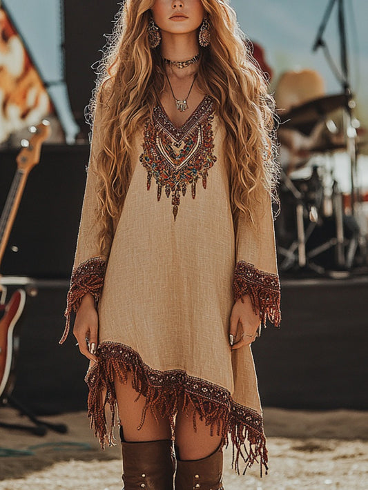 Women'S Bohemian Asymmetric Tassel Hem Dress - Beige & Brown Boho Print, Machine Washable Long Sleeve Midi Skirt for Festival, Party, Everyday Outfits - Lightweight Summer Dresses for Women, Cute Summer Dresses, Festival Atti
