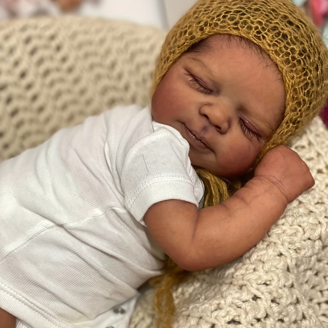 19 Inch Reborn Baby Doll- Soft Full Vinyl Body, Lifelike Newborn Sleeping Doll Dark Brown Girl, Rooted Hair, Lovely Kids Toy Gift, Realistic Alive Doll For Birthday/ Thanksgiving Day/ Christmas Gifts