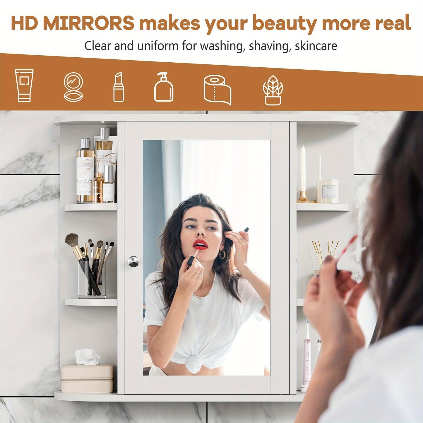 Modern Wall-Mounted Bathroom Medicine Cabinet with Mirror - 6 Open Shelves, Durable Non-Wood Moisture-Resistant Design, Space-Saving White Storage Organizer for Bathroom Essentials, Toiletry Organization, Contemporary Style,
