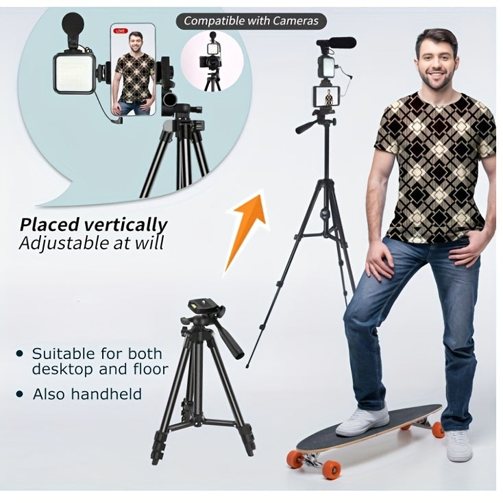 Complete, Portable Vlogging Kit: Streamer's Choice - Tripod, Pocket Light, Beauty Fill Light, Microphone - Ideal for Live Streaming & Photography, USB Connection, Black