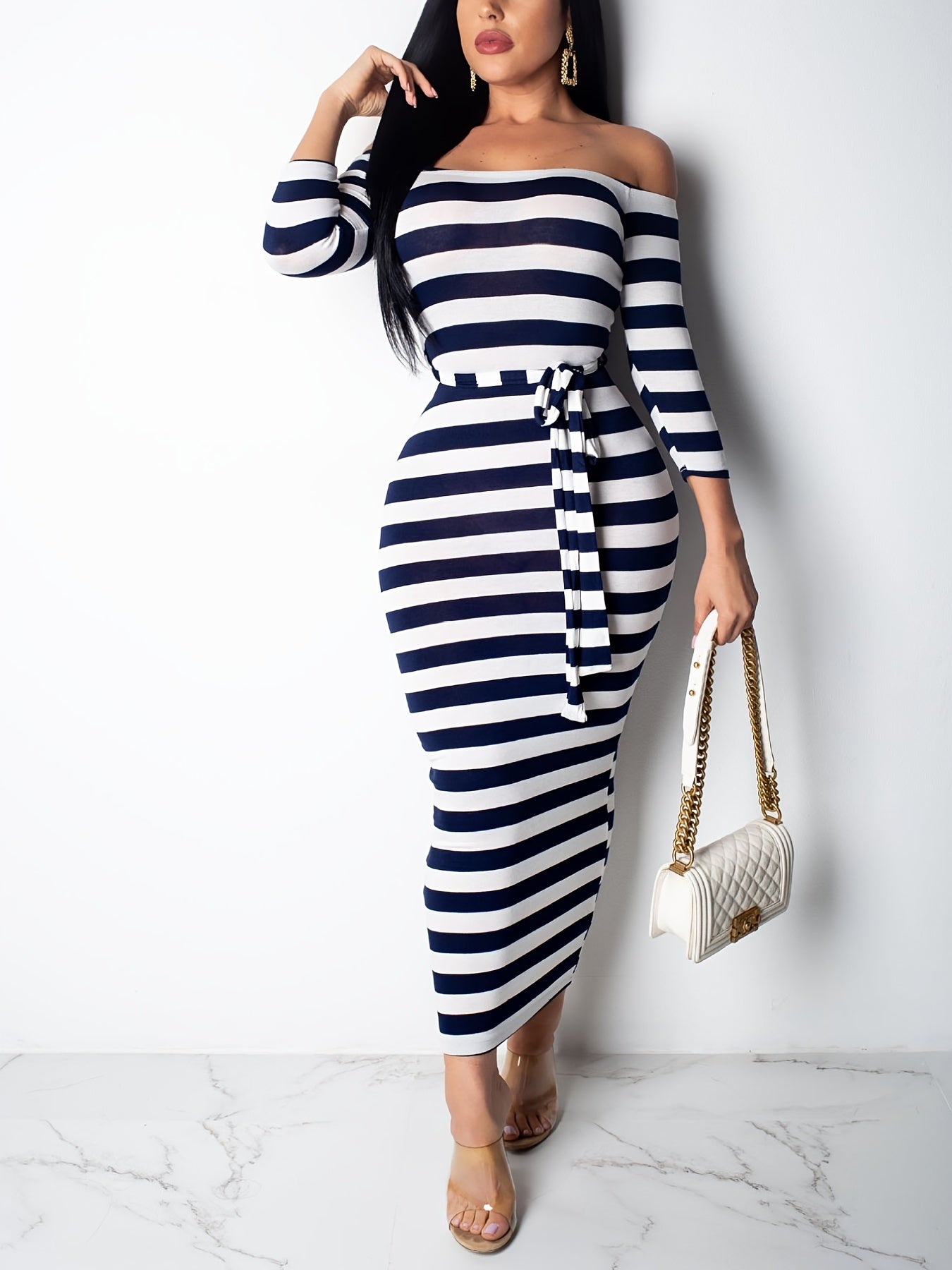 [Off Shoulder Striped Dress] Off Shoulder Striped Dress, Stretchy Long Sleeve Dress, Casual Every Day Dress, Women's Clothing