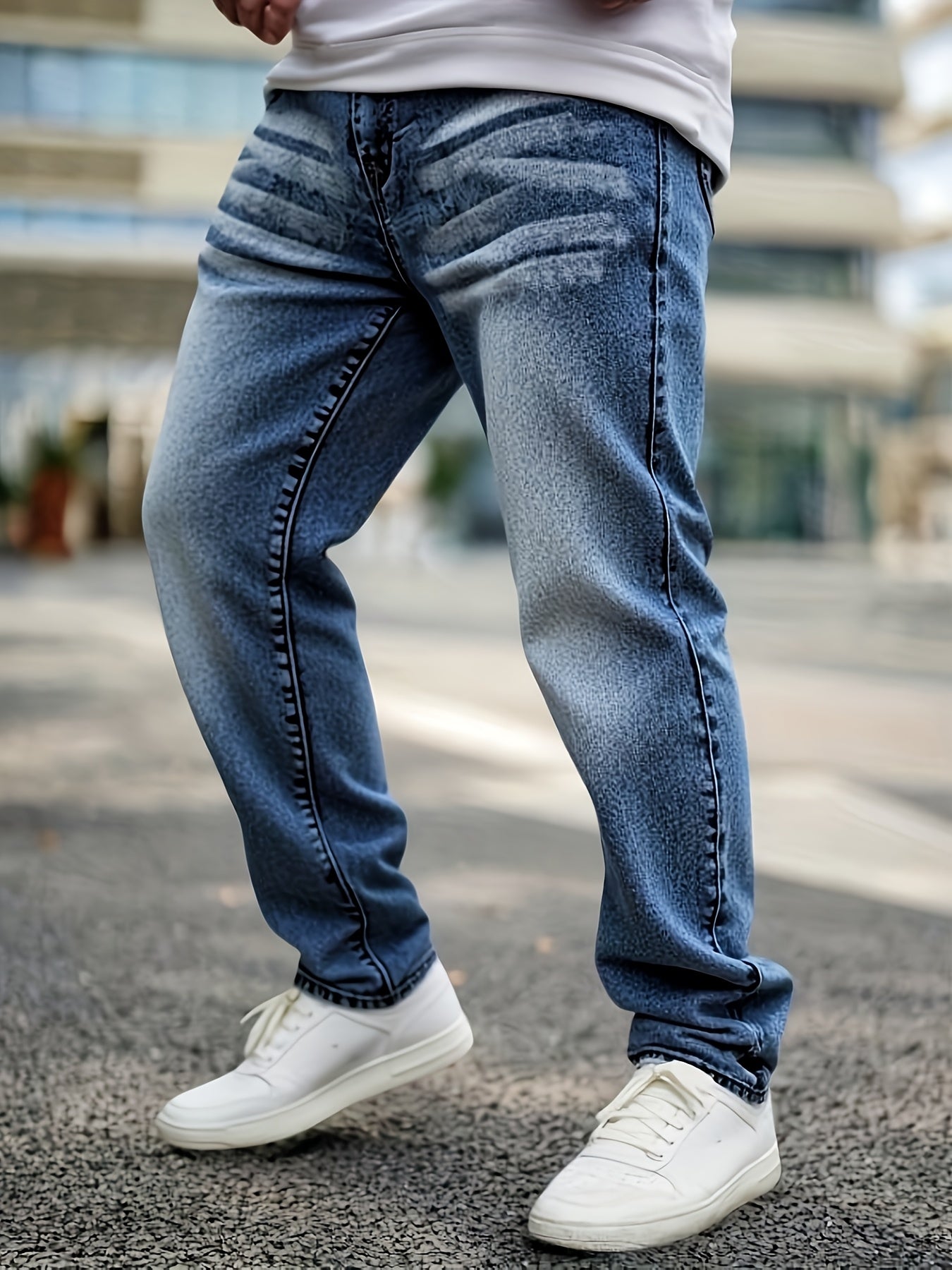 HME Men's Stretch Jeans - Skinny Fit Stretch Denim Pants with Mid-Rise Straight Leg, Vintage Washed Blue Jeans, Machine Washable Everyday Casual Pants for All Seasons (Non-See-Through), Allseason Clothing, Timeless Fivepocket
