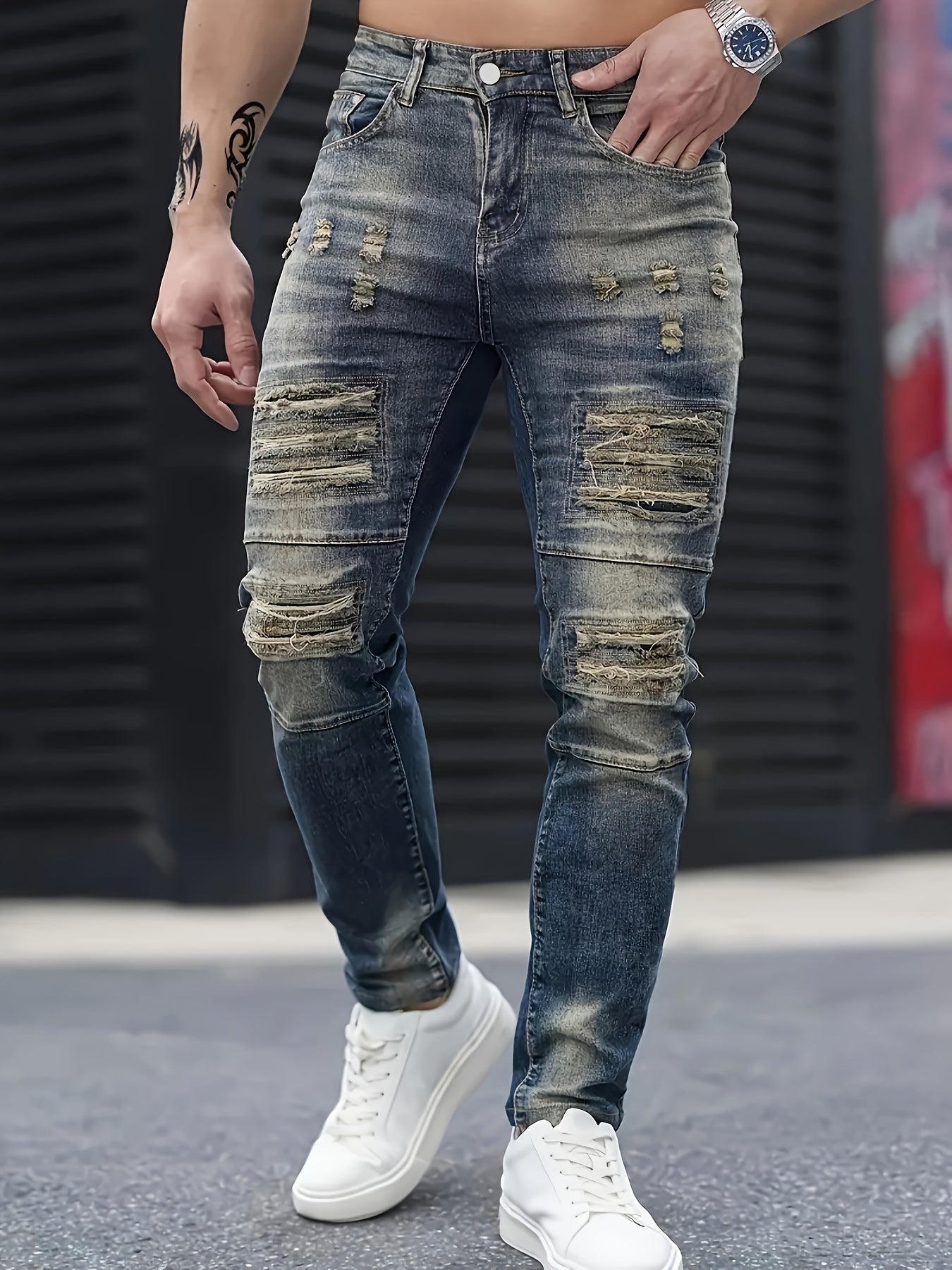 Men's Jeans, Stretch Denim Feet, Ripped, Craftsmanship, Slim, Dark Blue, Worn Men's Pants, Suitable for All Seasons