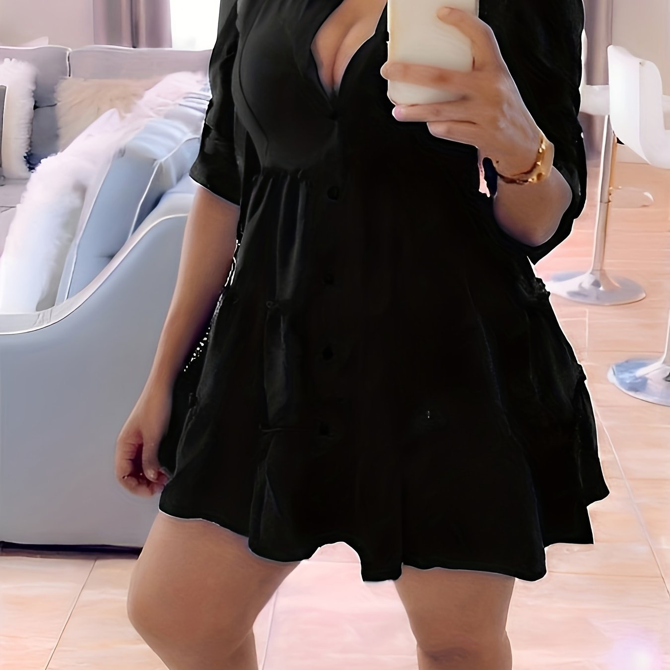 Single Elegant Half Sleeve Ruffle Trim Solid Color Shirt Dress for Spring & Summer, Women's Clothing