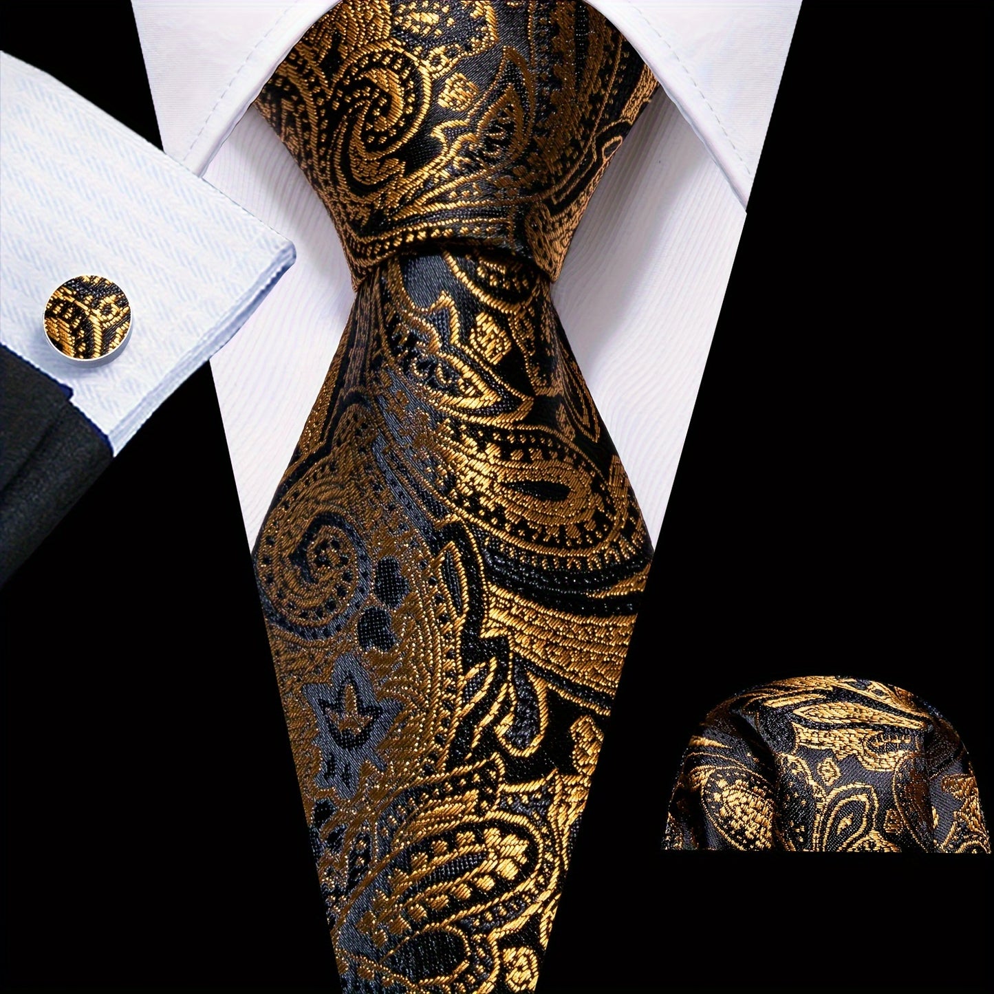 LINEZISEID 3pcs/set Men's Silk Classic Floral Necktie with Hanky And Cufflinks for Business & Wedding, Father's Day Gift, Paisley Ties for Men, Novelty Ties for Men, Special Occasion, Business Attire, Paisley Design, Elegant