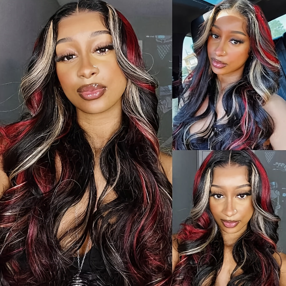 13x4 HD Lace Front Wig with Blonde & Red Highlights - Body Wave Synthetic Hair 180% Density Pre-Plucked Glueless 28 Inch Natural Look for Women All Ethnicities, Versatile Hairpiece | Elegant Hairpiece