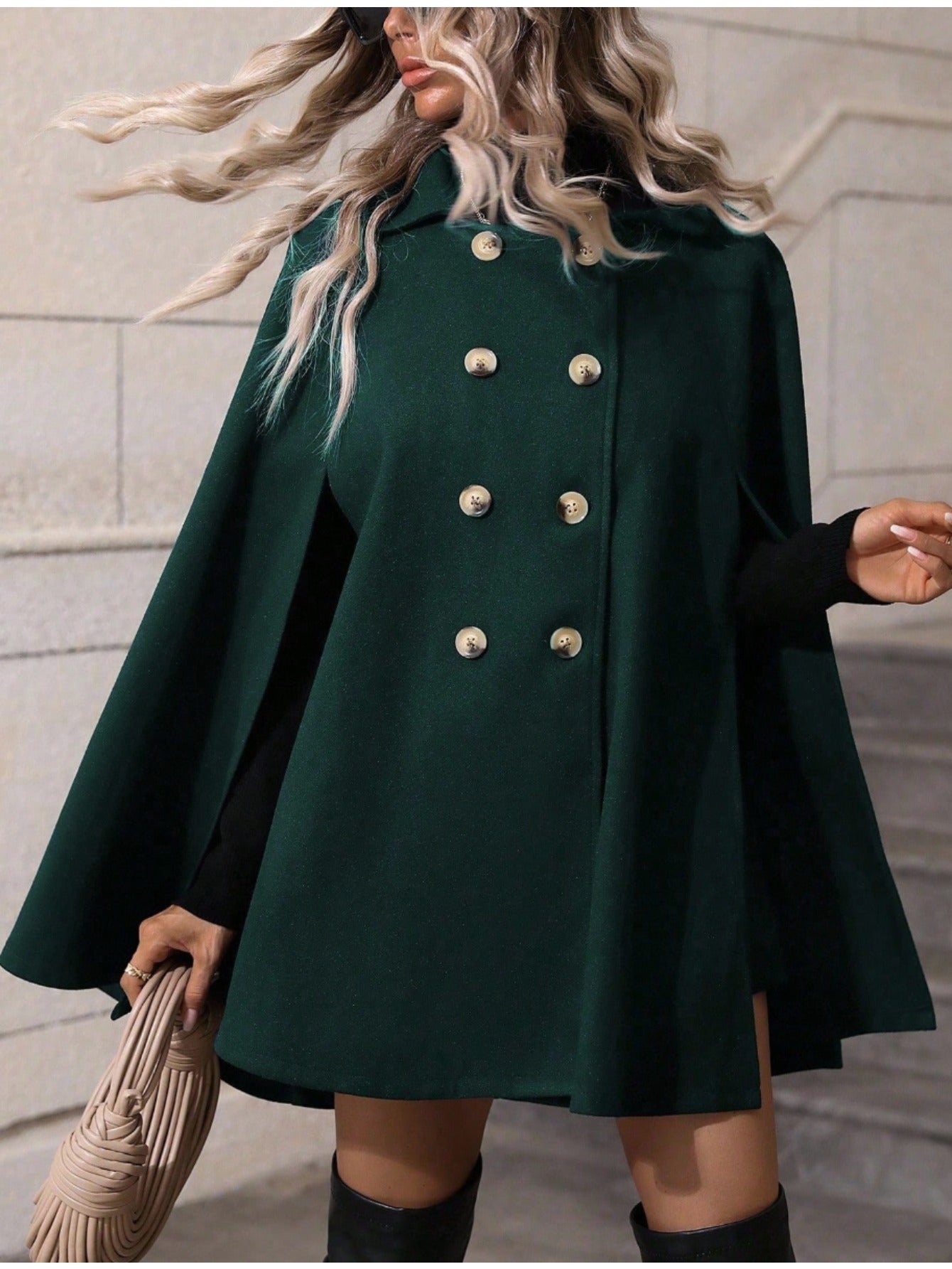 's Dark Green Double Breasted Cape Coat - Vintage Elegant Collar Winter Coat with Golden-Tone Buttons, Single-Breasted Outer Layer & Inner Wear Potential, Hand Washable Non-Stretch Jacket for Autumn/Winter (Office, Parties, C