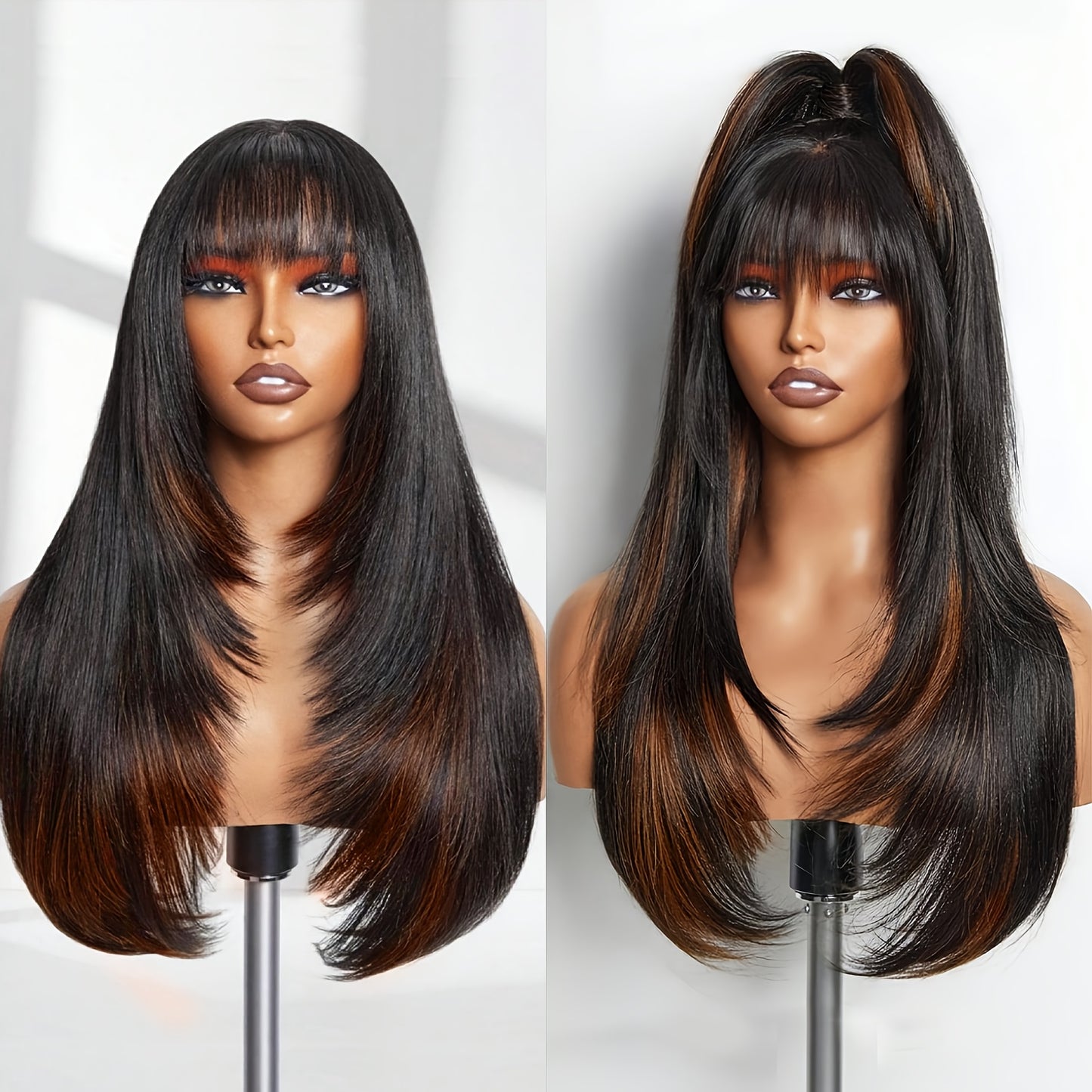 Long Straight Layered Wig with Bangs Glueless Natural Black Synthetic Bangs Wig 26 Inch Put On and Go Wigs High Temperature Fiber Pixie Cut Layered Wig for Women Daily Use