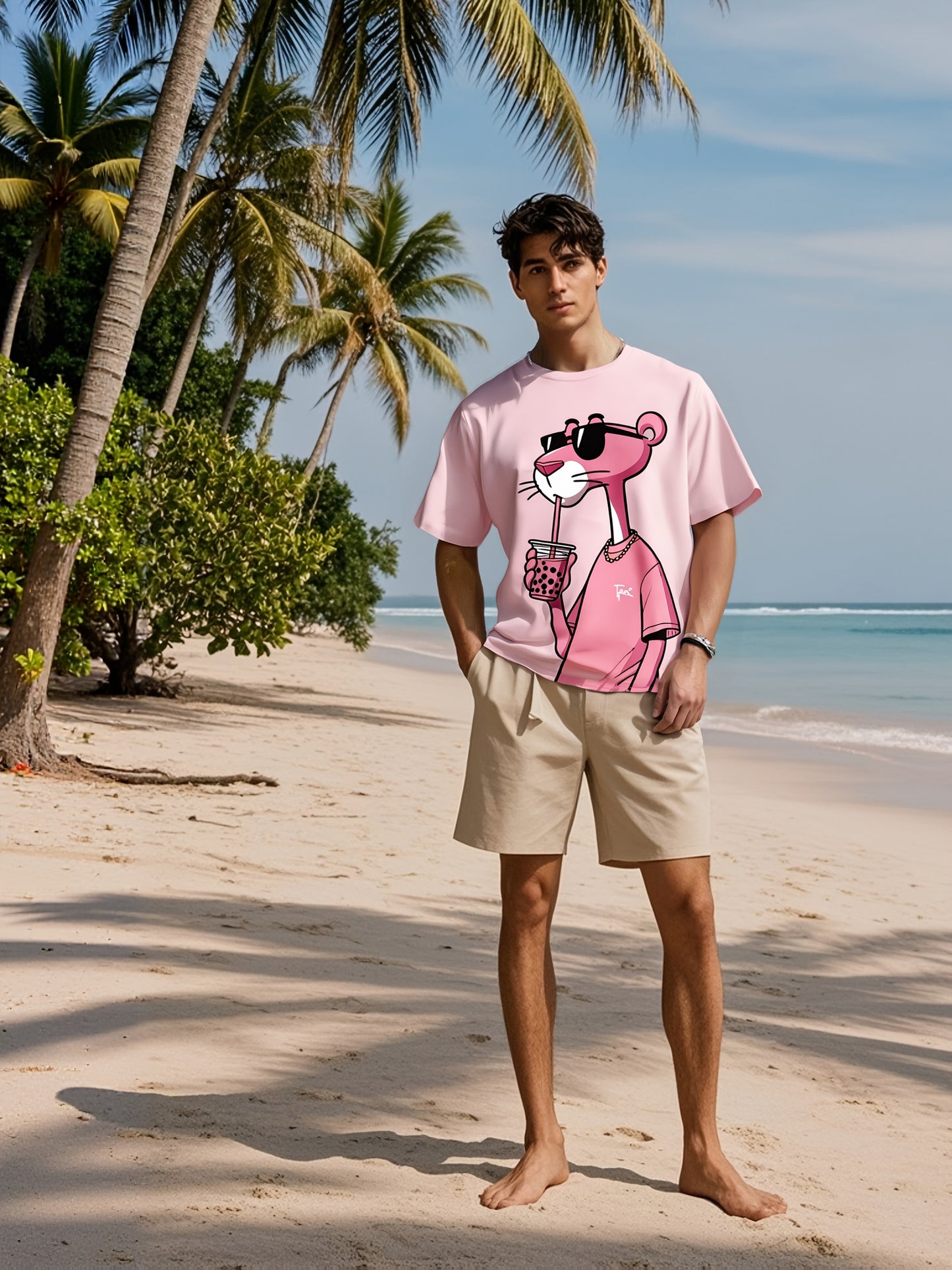 Men'S Casual Pink T-Shirt with Stylish Cat Graphic - Short Sleeve, Round Neck, Lightweight Summer Tee, Perfect for Casual Attire, Leisure Clothing | Trendy Casualwear | Lightweight Tee