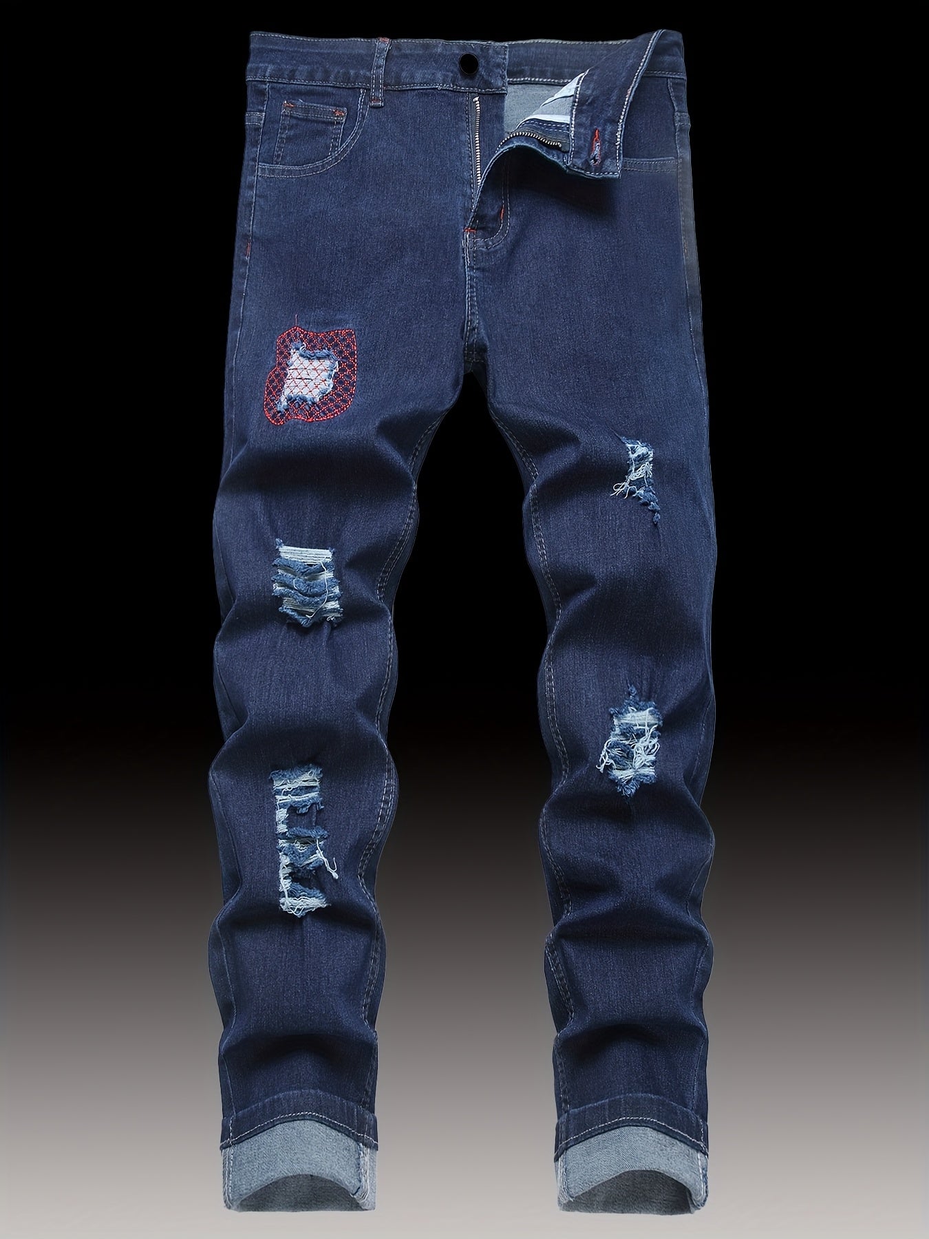 Men's Premium Stretch Denim Jeans - Slim Fit Straight Leg Distressed Ripped Jeans with Details, Medium Stretch Comfort, Street Style All-Season Casual Pants, Machine Washable, Trendy Streetwear