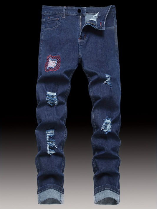 Men's Premium Stretch Denim Jeans - Slim Fit Straight Leg Distressed Ripped Jeans with Details, Medium Stretch Comfort, Street Style All-Season Casual Pants, Machine Washable, Trendy Streetwear