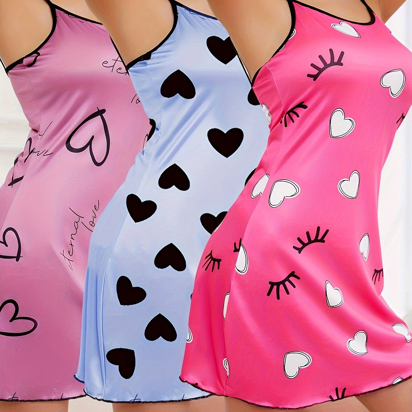 3 Pcs Comfortable Heart Print Round Neck Backless Sleepwear Dress, Casual Frill Trim Nightgown